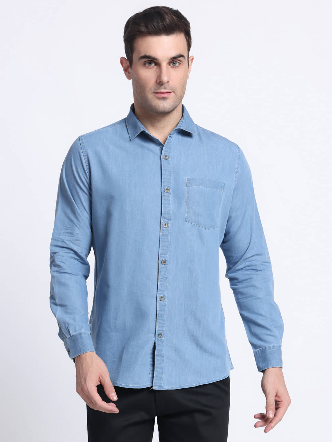 plounge Denim Regular Fit Solids Full Sleeves Men's Casual Shirt - Light Blue ( Pack of 1 )
