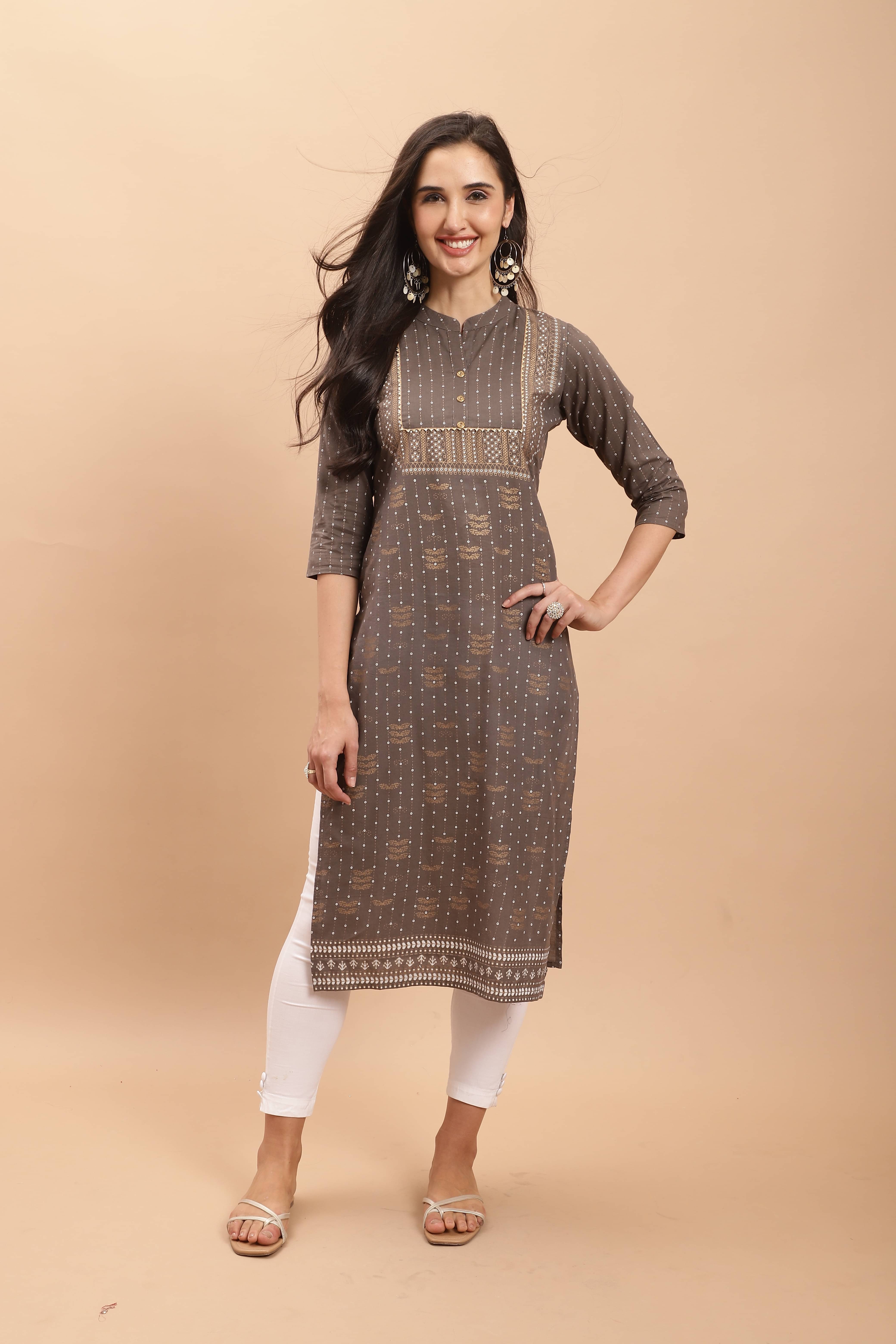 wonder weave Pack of 1 Cotton Printed Straight Women's Kurti - ( Grey ) wonder weave Pack of 1 Cotton Printed Straight Women's Kurti - ( Grey )