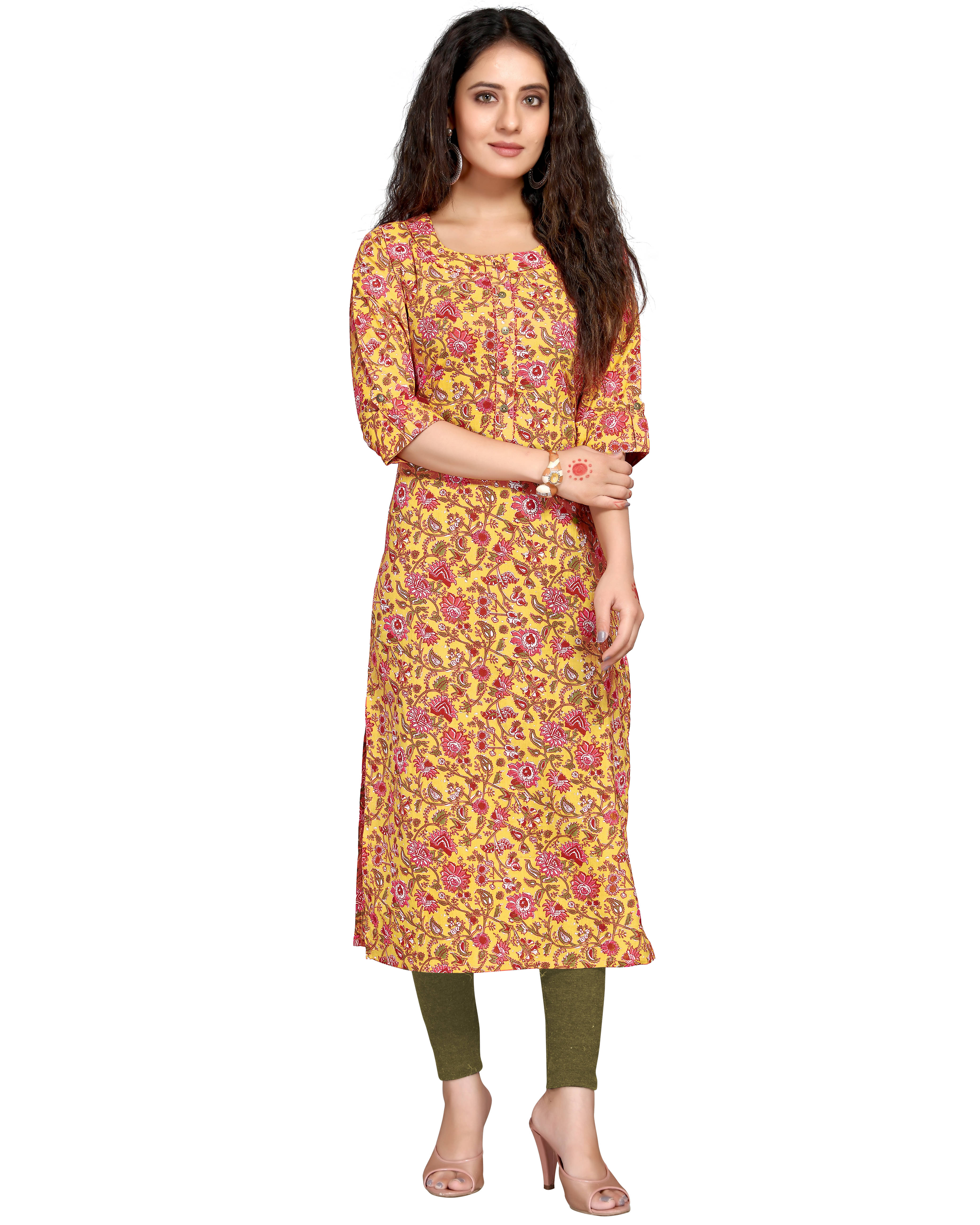     			wonder weave Pack of 1 Cotton Printed Straight Women's Kurti - ( Yellow )