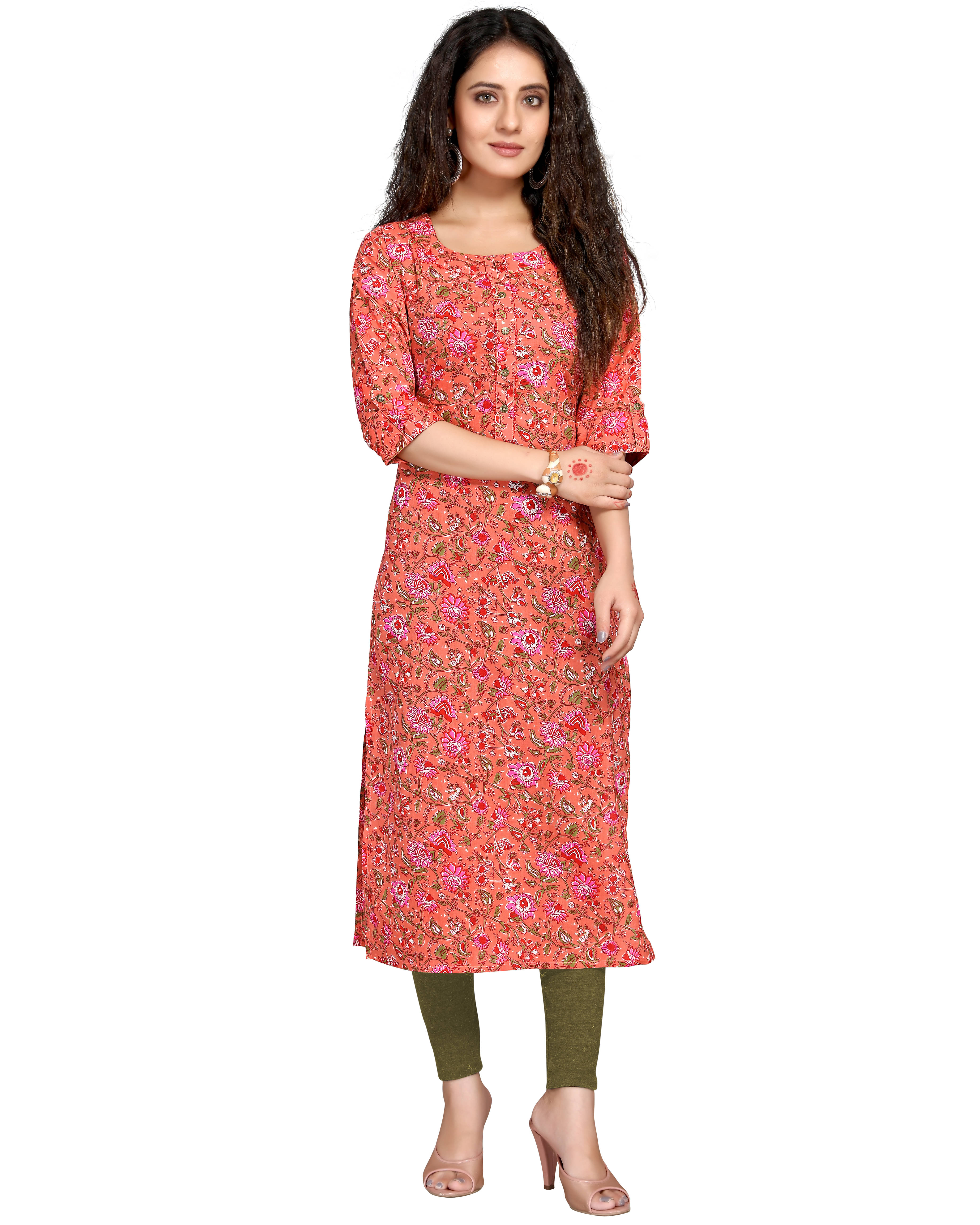     			wonder weave Pack of 1 Cotton Printed Straight Women's Kurti - ( Orange )