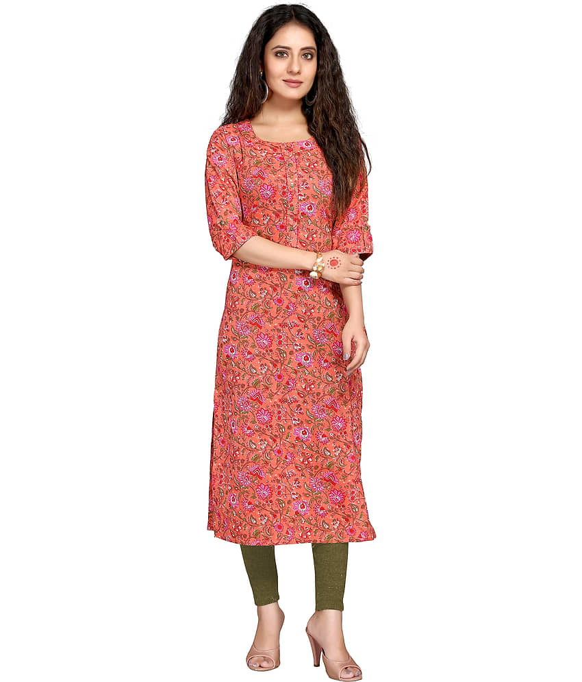 wonder weave Pack of 1 Cotton Printed Straight Women's Kurti - ( Orange ) - Kurtis, Tunics | Buy online on ZillyBuy