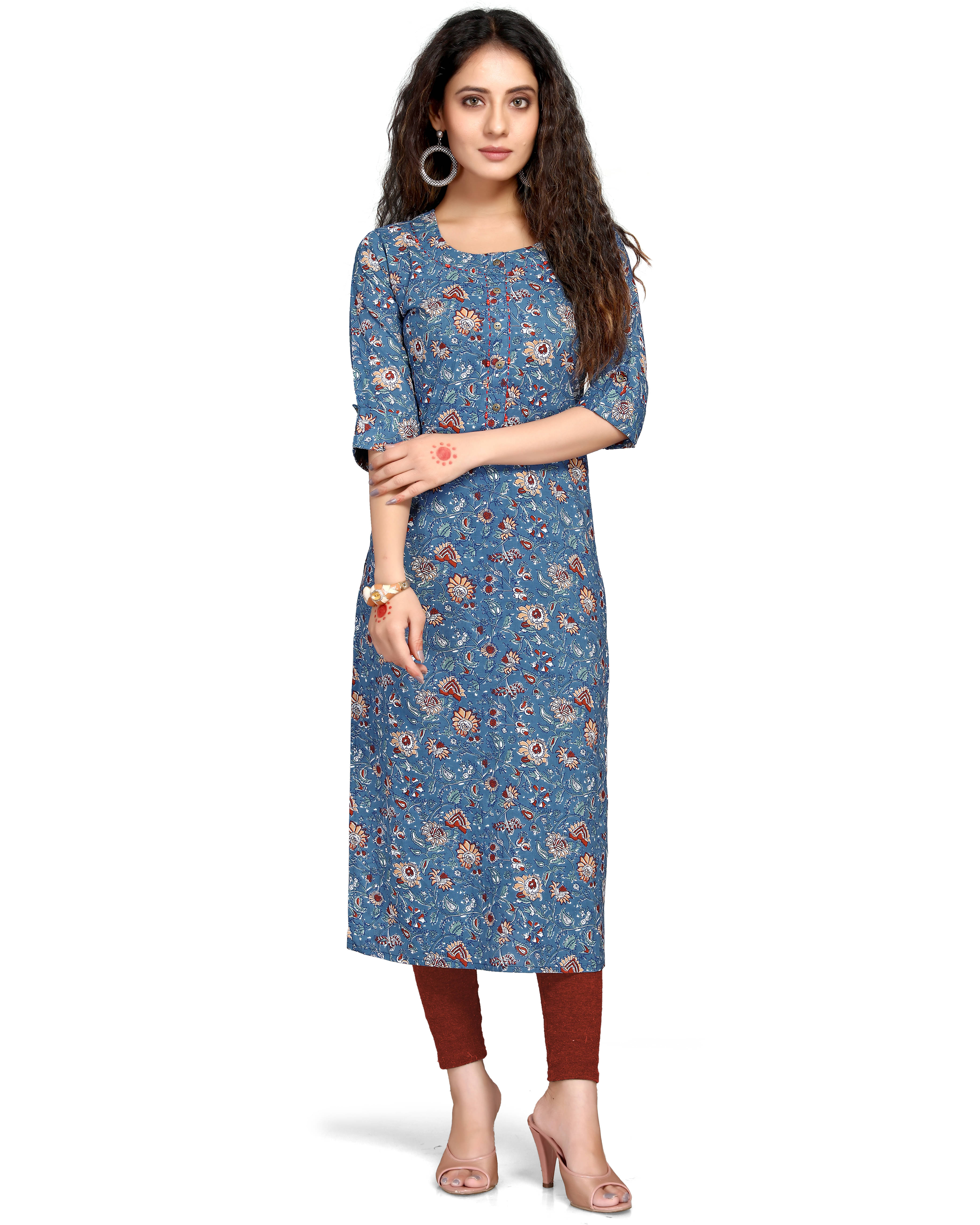 wonder weave Pack of 1 Cotton Printed Straight Women's Kurti - ( Blue ) wonder weave Pack of 1 Cotton Printed Straight Women's Kurti - ( Blue )