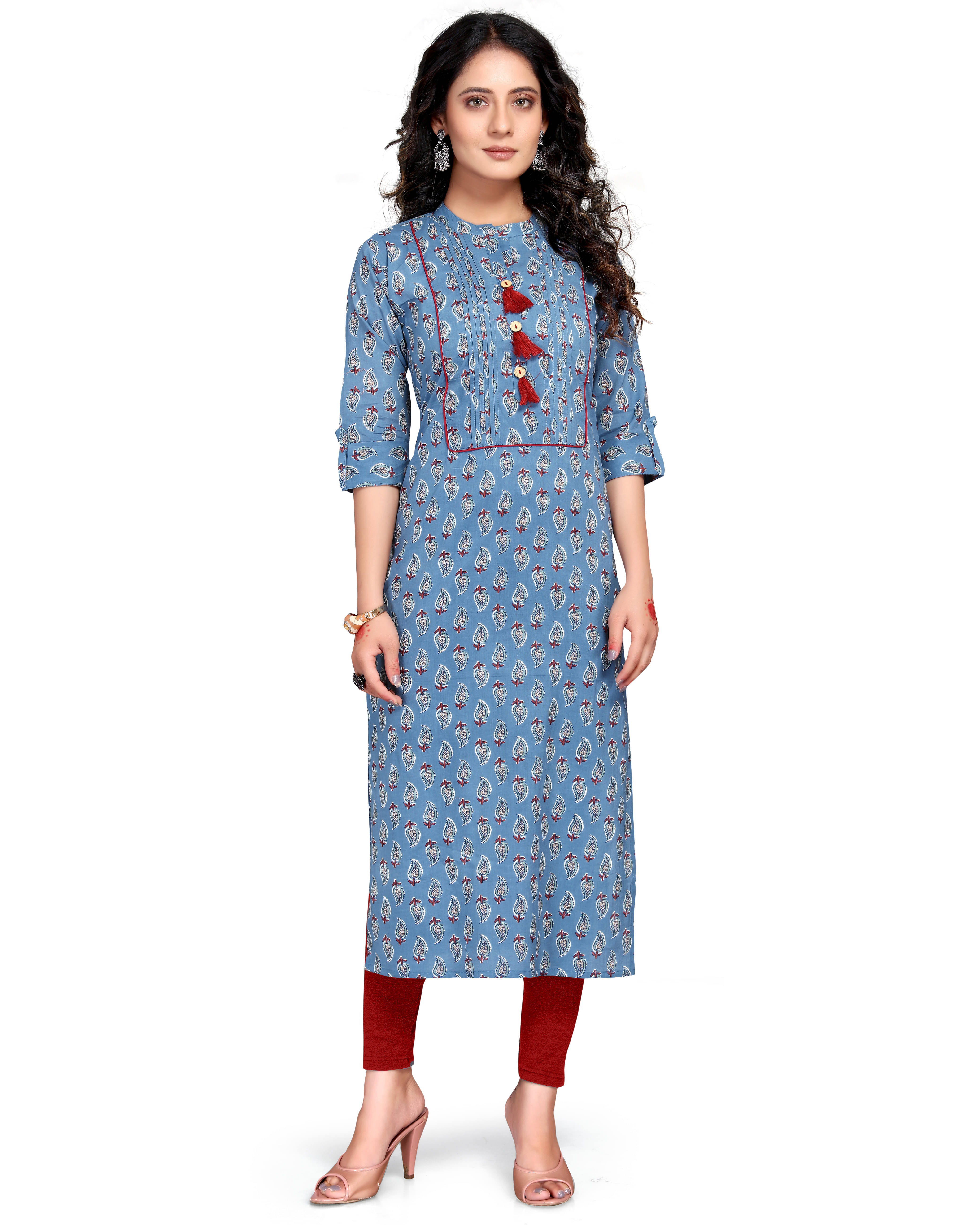     			wonder weave Pack of 1 Cotton Printed Straight Women's Kurti - ( Blue )