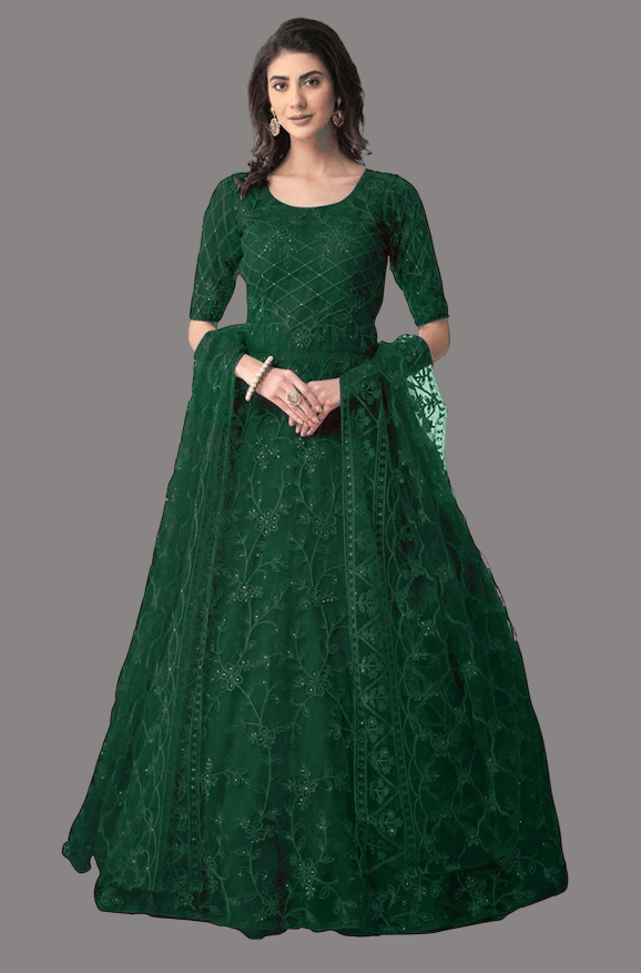 A TO Z CART Green Flared Net Women's Semi Stitched Ethnic Gown ( Pack of 1 )     			A TO Z CART Green Flared Net Women's Semi Stitched Ethnic Gown ( Pack of 1 )