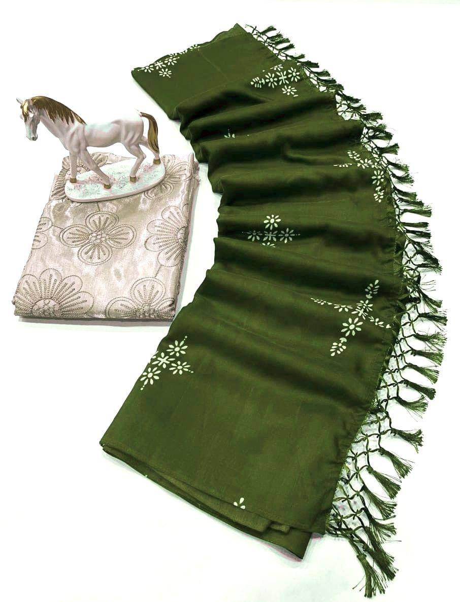     			A TO Z CART Silk Blend Printed Saree With Unstitched Blouse Piece ( Olive )