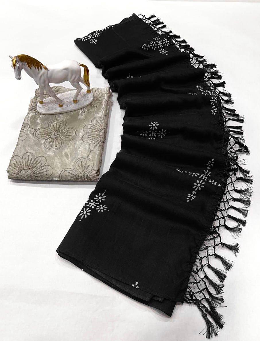 A TO Z CART Silk Blend Printed Saree With Unstitched Blouse Piece ( Black ) A TO Z CART Silk Blend Printed Saree With Unstitched Blouse Piece ( Black )