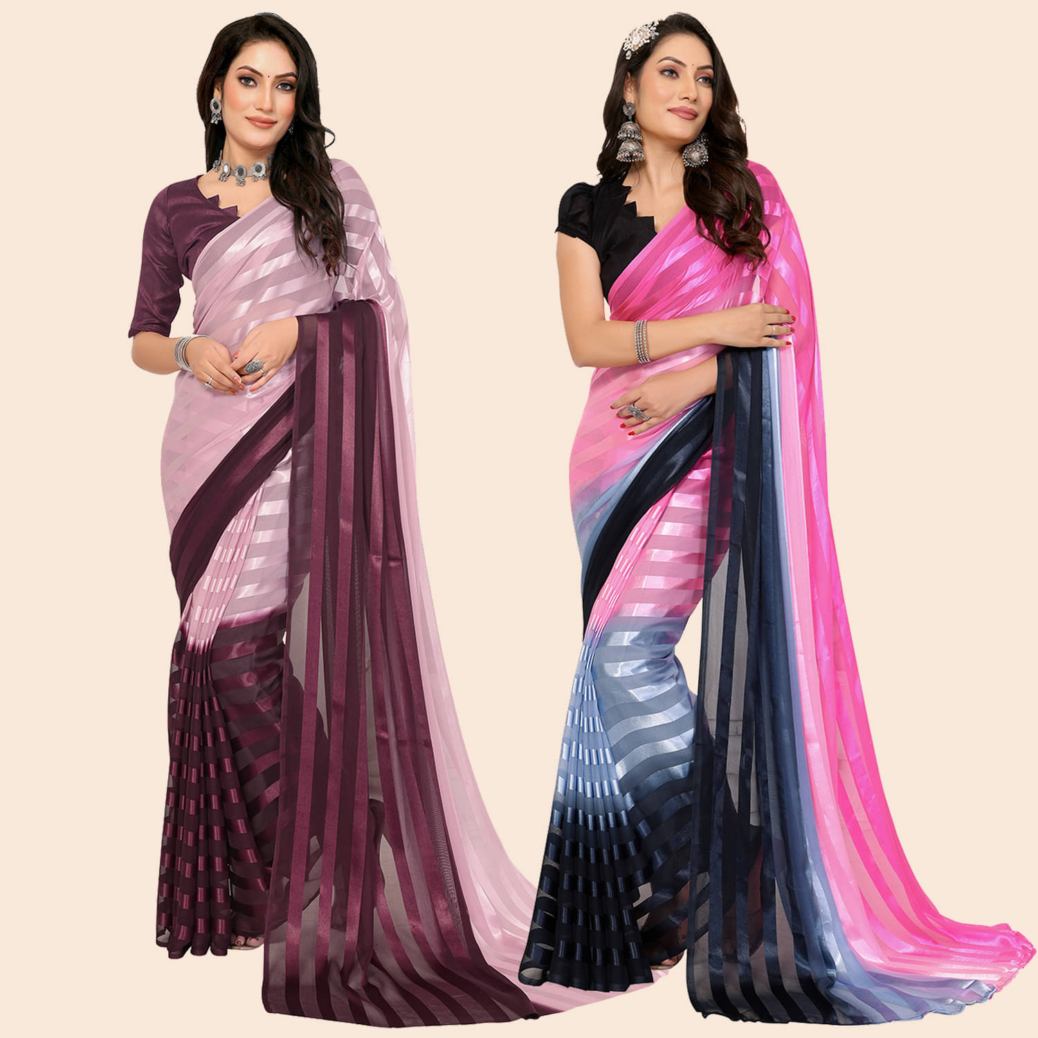 ANAND SAREES Satin Striped Saree With Unstitched Blouse Piece ( Multicolor ) ANAND SAREES Satin Striped Saree With Unstitched Blouse Piece ( Multicolor )