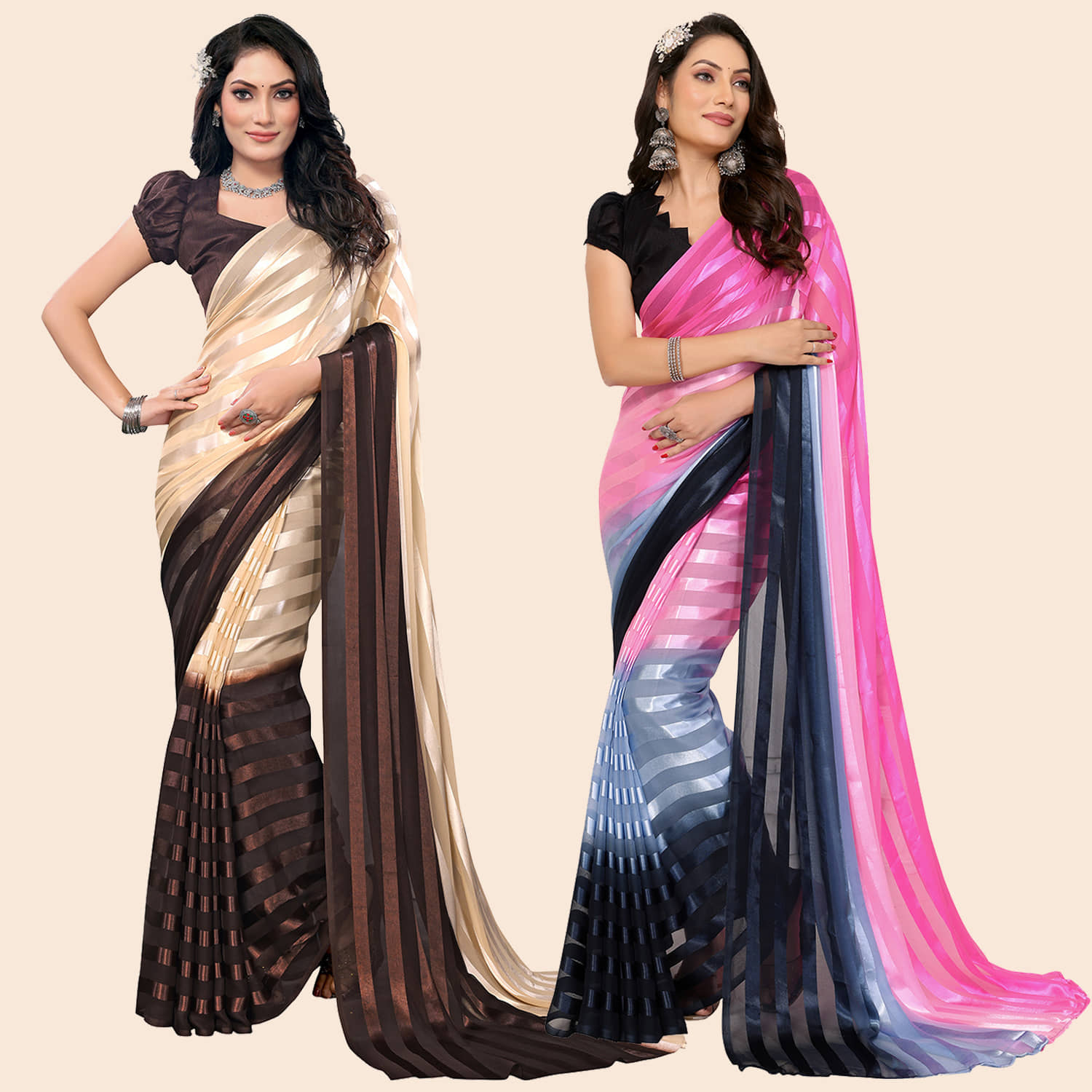 ANAND SAREES Satin Striped Saree With Unstitched Blouse Piece ( Multicolor ) - Sarees | Buy online on ZillyBuy