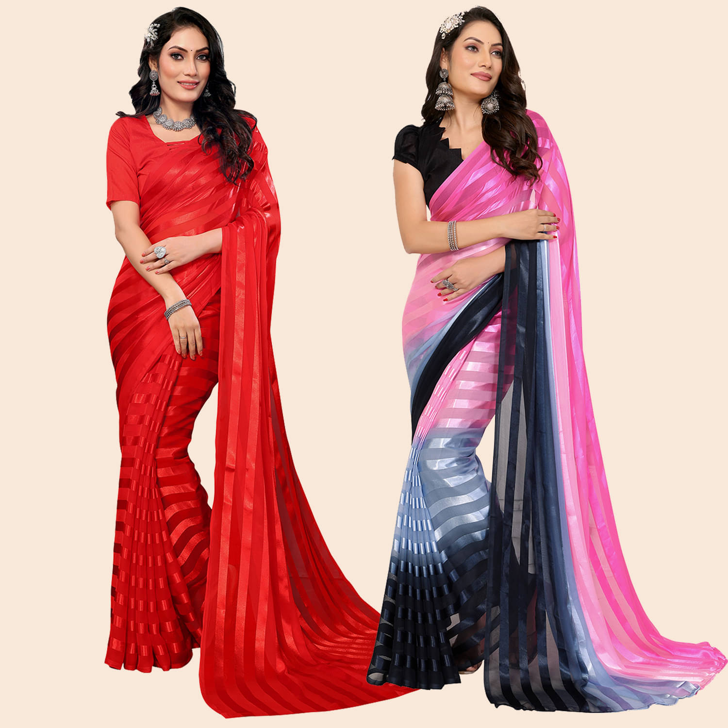 ANAND SAREES Satin Striped Saree With Unstitched Blouse Piece ( Multicolor ) ANAND SAREES Satin Striped Saree With Unstitched Blouse Piece ( Multicolor )