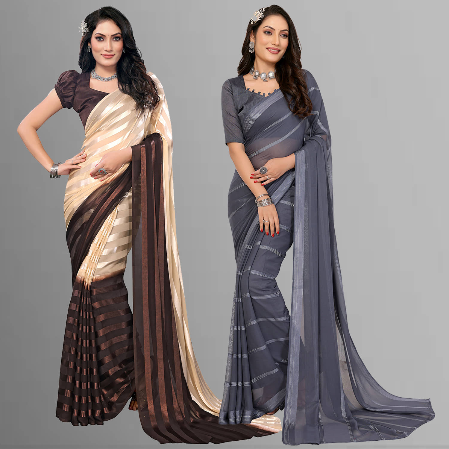 ANAND SAREES Satin Striped Saree With Unstitched Blouse Piece ( Multicolor ) - Sarees | Buy online on ZillyBuy