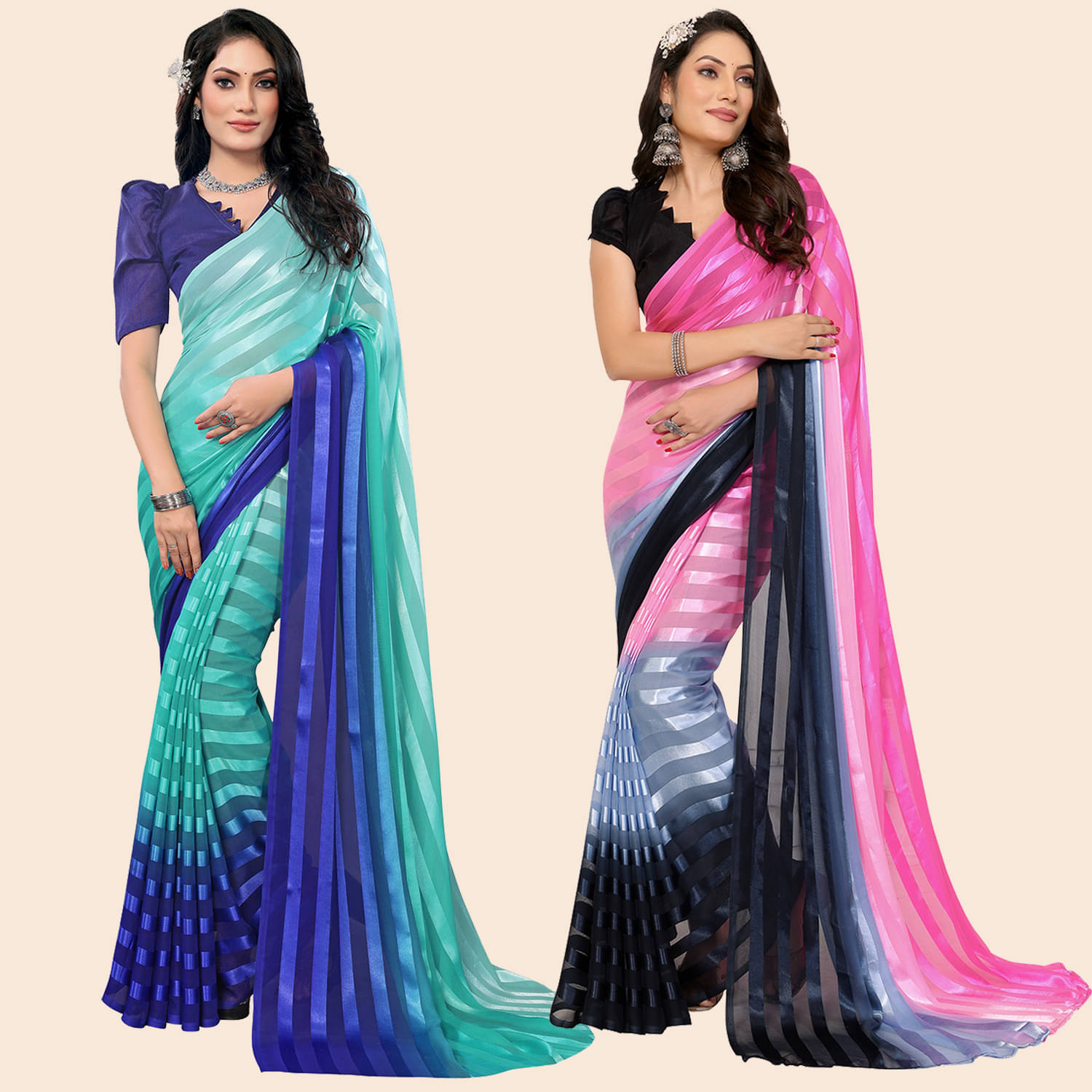 ANAND SAREES Satin Striped Saree With Unstitched Blouse Piece ( Multicolor ) ANAND SAREES Satin Striped Saree With Unstitched Blouse Piece ( Multicolor )