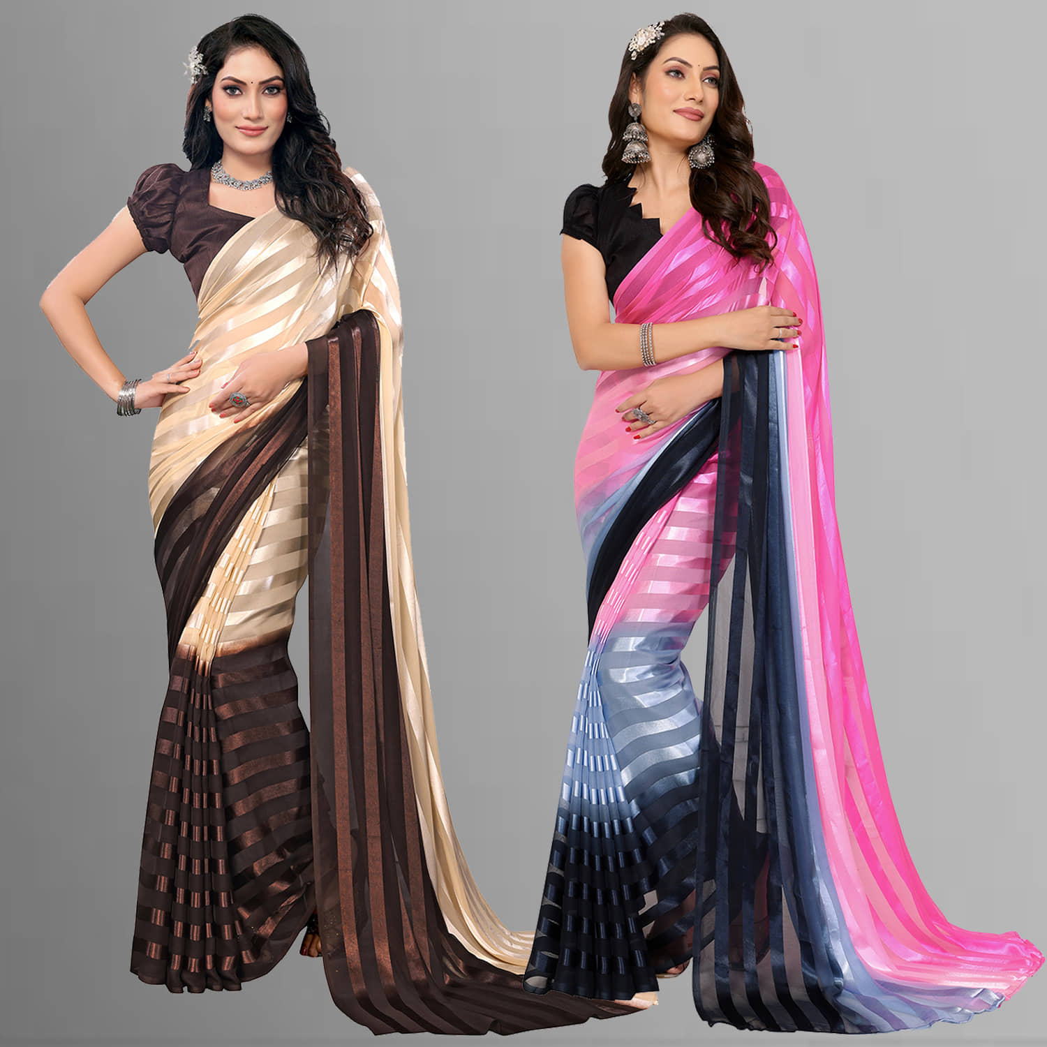 ANAND SAREES Satin Striped Saree With Unstitched Blouse Piece ( Multicolor ) - Sarees | Buy online on ZillyBuy