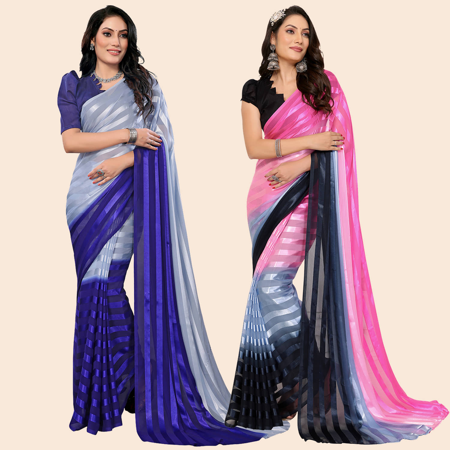 ANAND SAREES Satin Striped Saree With Unstitched Blouse Piece ( Multicolor ) - Sarees | Buy online on ZillyBuy