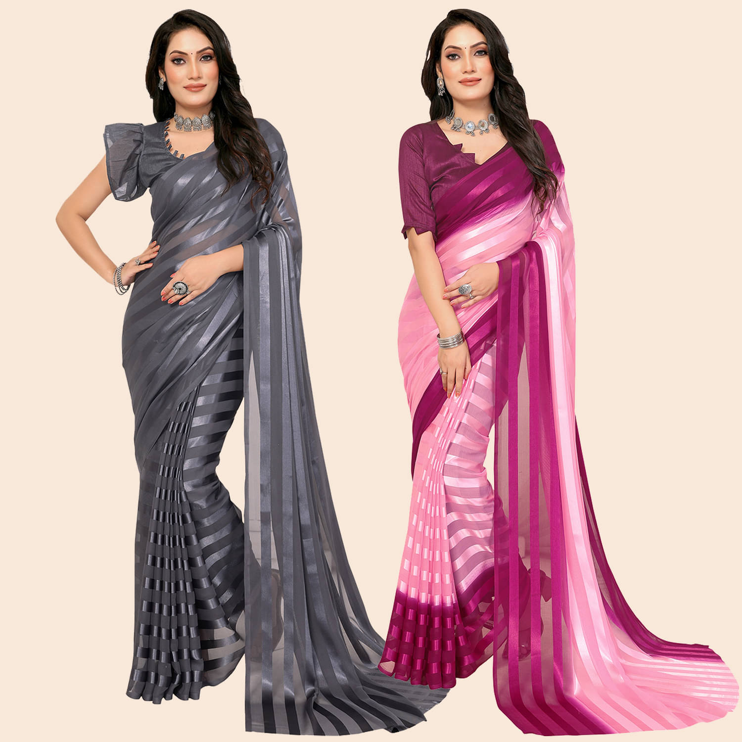 ANAND SAREES Satin Striped Saree With Unstitched Blouse Piece ( Multicolor ) ANAND SAREES Satin Striped Saree With Unstitched Blouse Piece ( Multicolor )