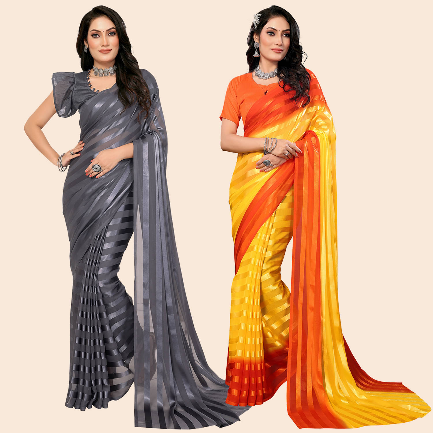 ANAND SAREES Satin Striped Saree With Unstitched Blouse Piece ( Multicolor ) ANAND SAREES Satin Striped Saree With Unstitched Blouse Piece ( Multicolor )