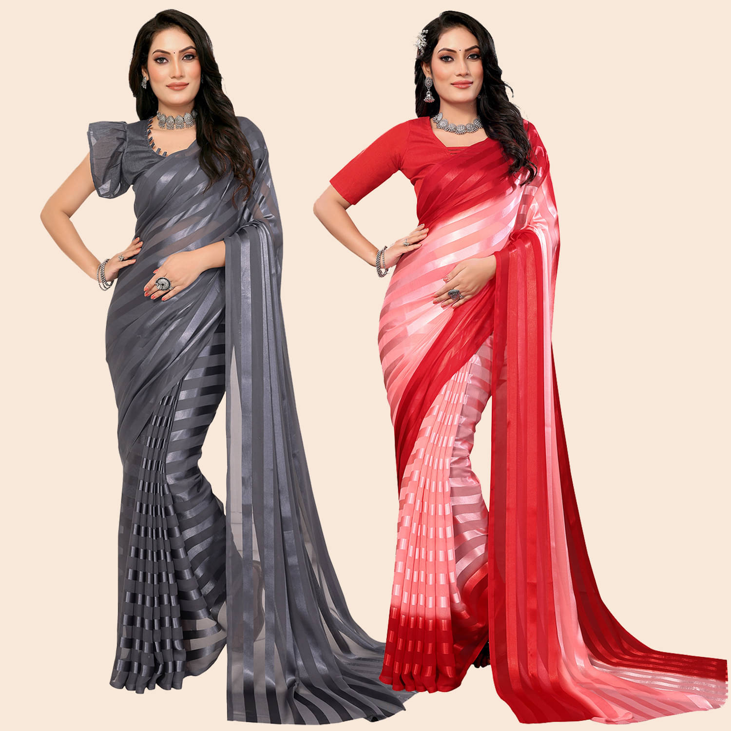 ANAND SAREES Satin Striped Saree With Unstitched Blouse Piece ( Multicolor ) ANAND SAREES Satin Striped Saree With Unstitched Blouse Piece ( Multicolor )