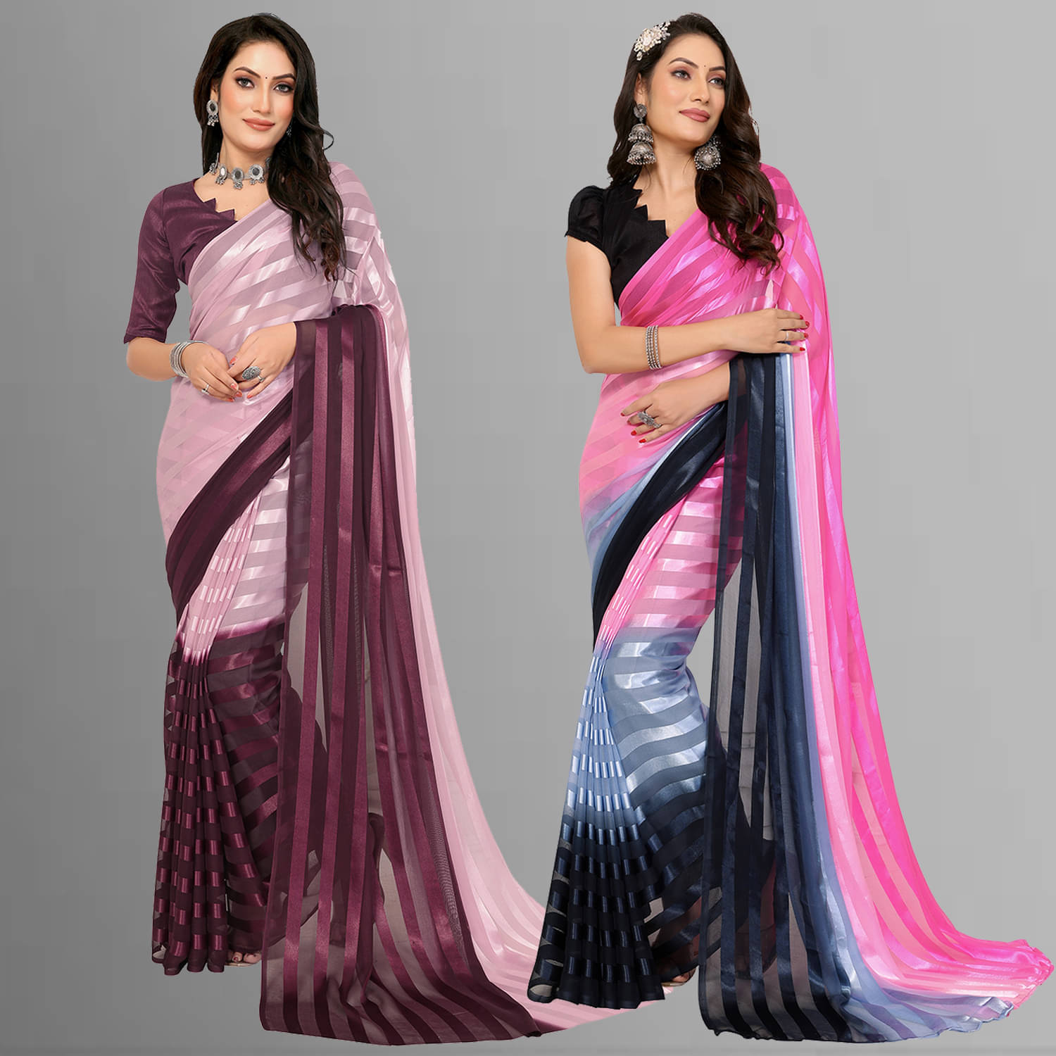ANAND SAREES Satin Striped Saree With Unstitched Blouse Piece ( Multicolor ) ANAND SAREES Satin Striped Saree With Unstitched Blouse Piece ( Multicolor )
