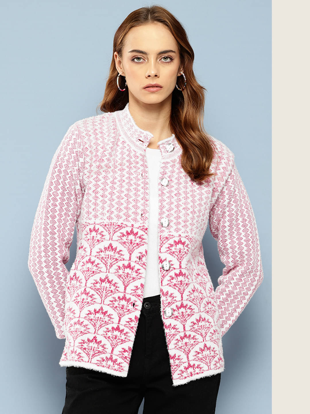 Aarika Women Woollen Mandarin Collar Cardigan ( Pink )     			Aarika Women Woollen Mandarin Collar Cardigan ( Pink )