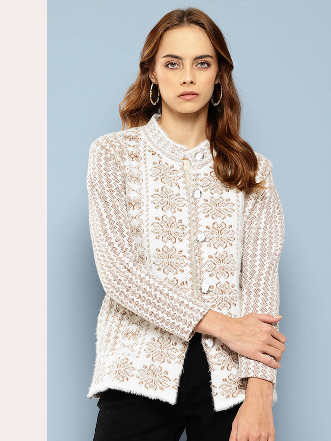 Aarika Women Woollen Mandarin Collar Cardigan ( Brown ) Aarika Women Woollen Mandarin Collar Cardigan ( Brown )