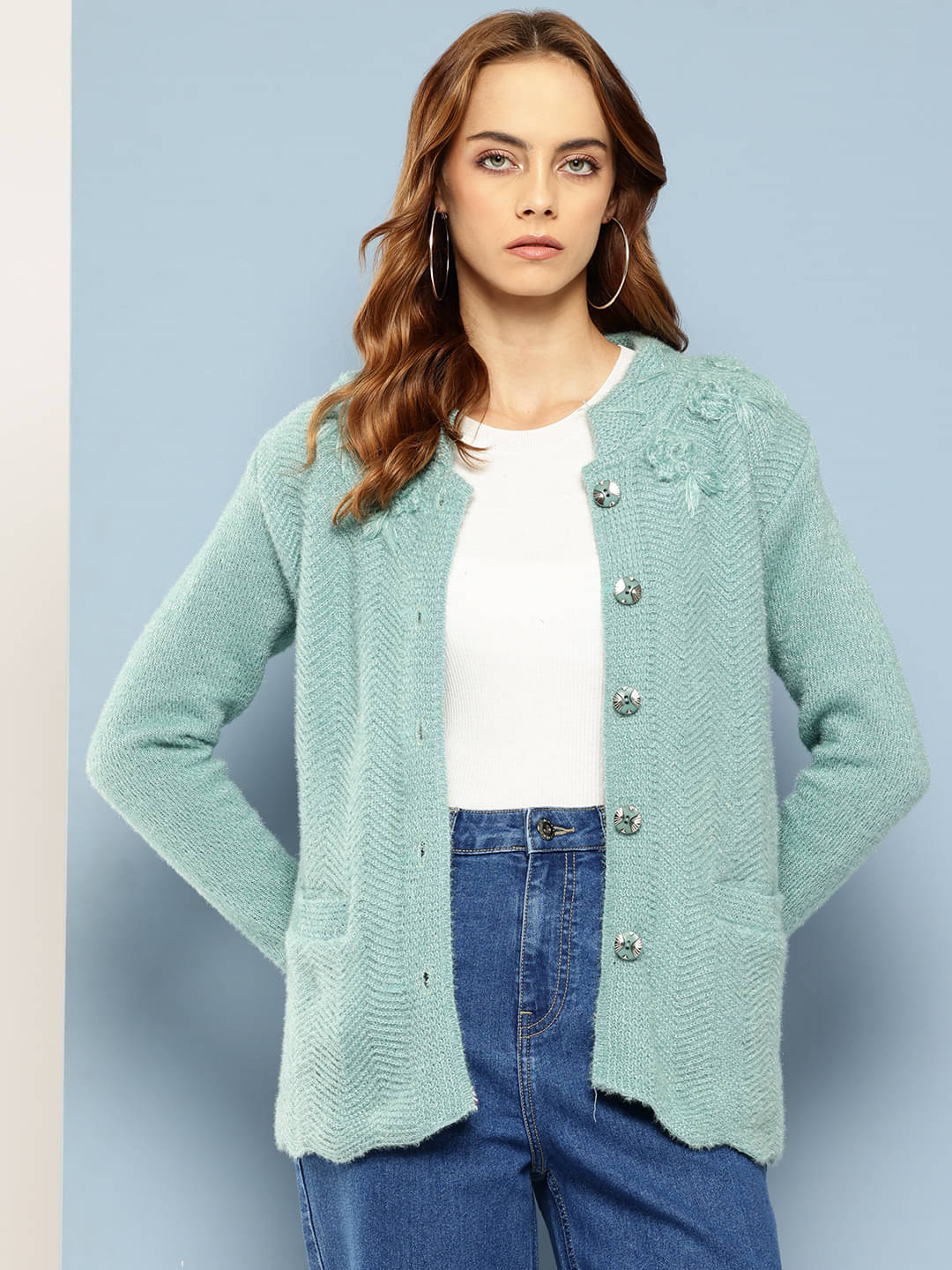     			Aarika Woollen Chinese/Mandarin Collar Women's Buttoned Cardigans - Green ( Single )