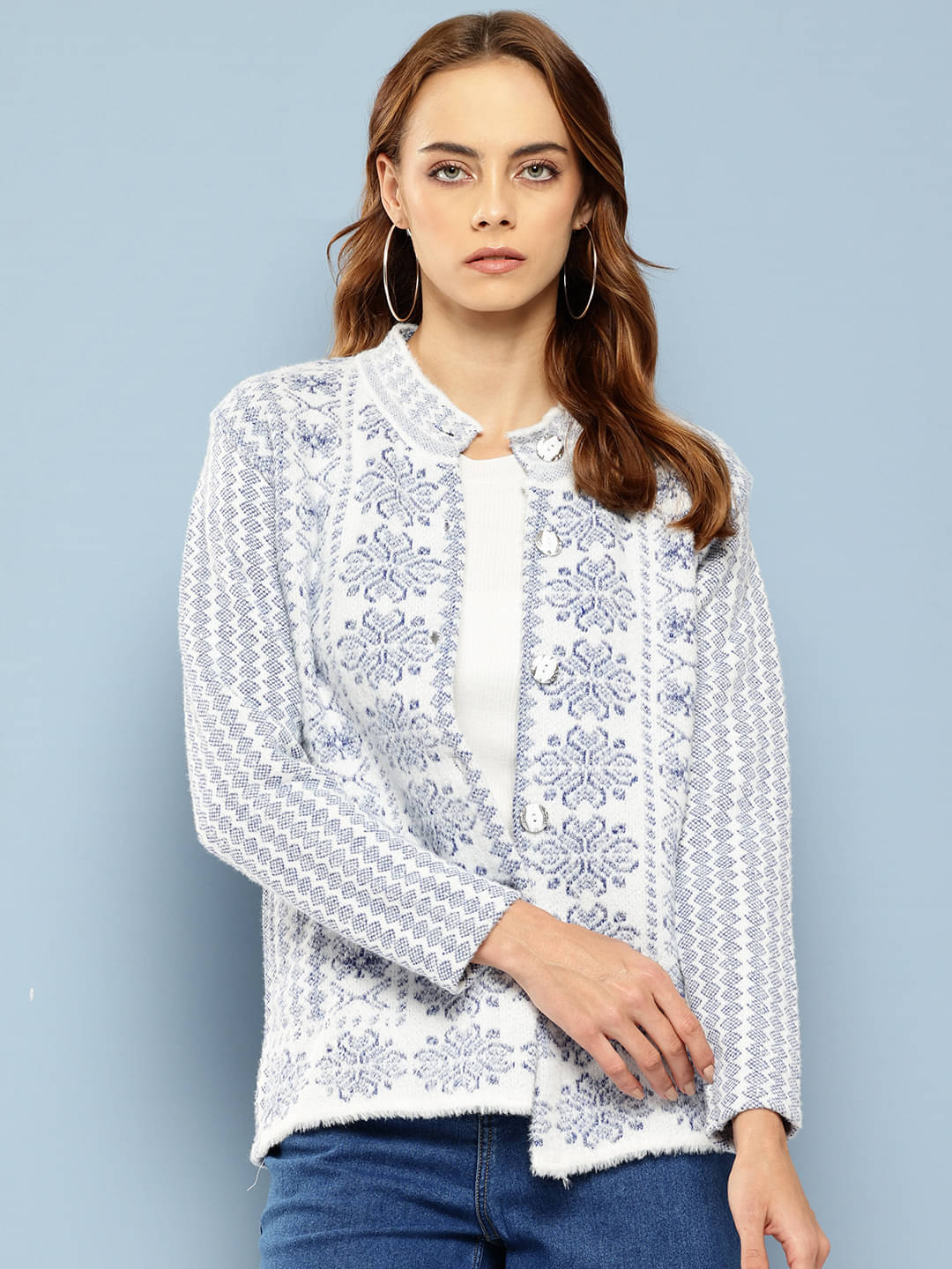     			Aarika Woollen Chinese/Mandarin Collar Women's Buttoned Cardigans - Blue ( Single )
