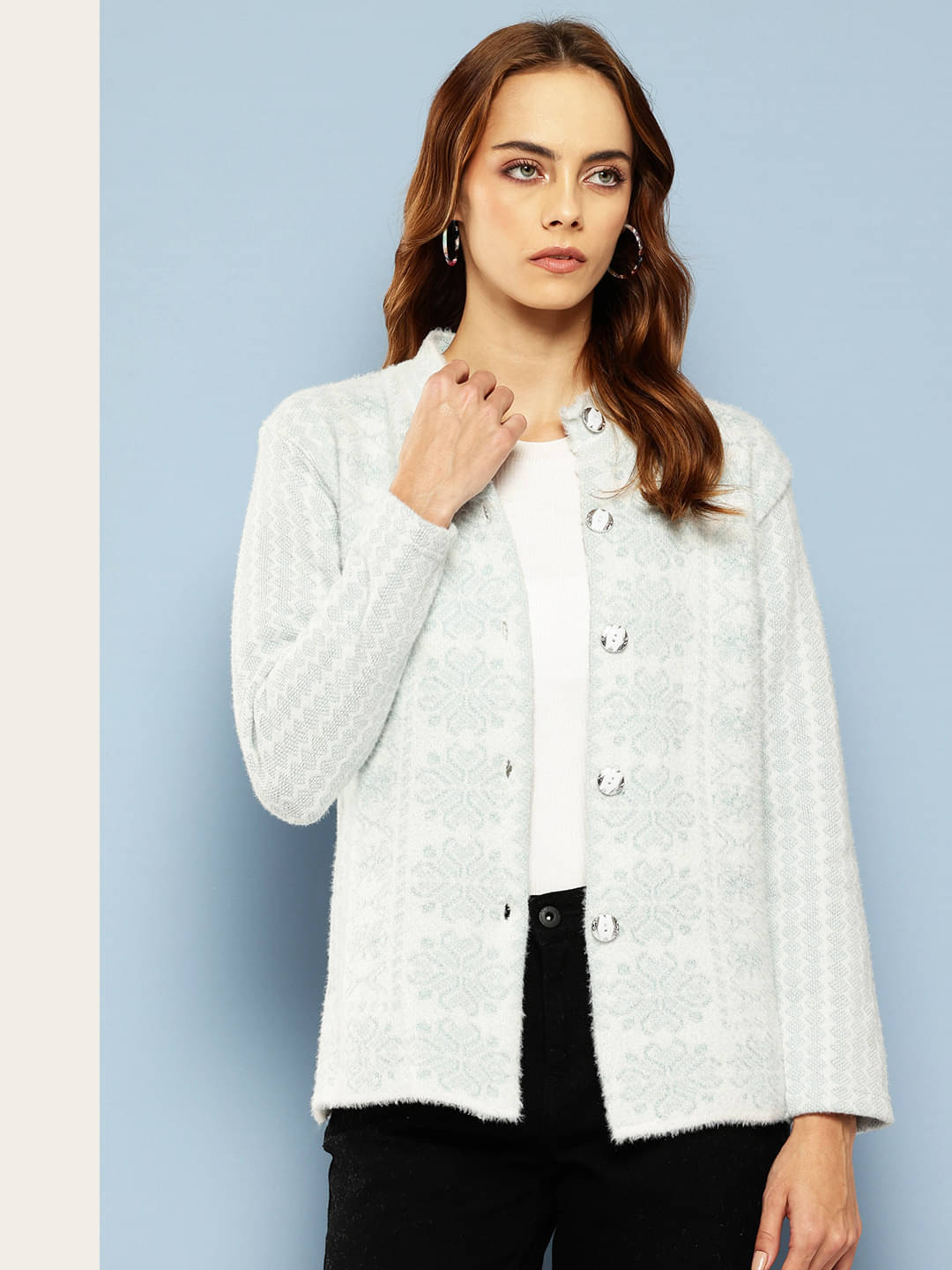 Aarika Women Woollen Mandarin Collar Cardigan ( Green )     			Aarika Women Woollen Mandarin Collar Cardigan ( Green )