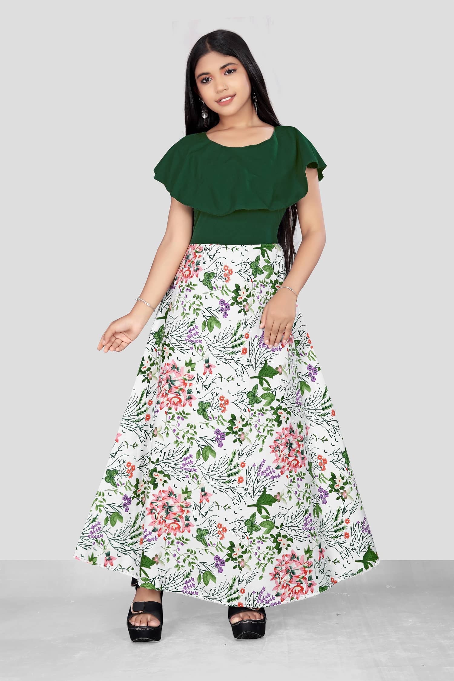 Aarya Creation Crepe Fit And Flare Dress For Girls ( Pack of 1 , Green )