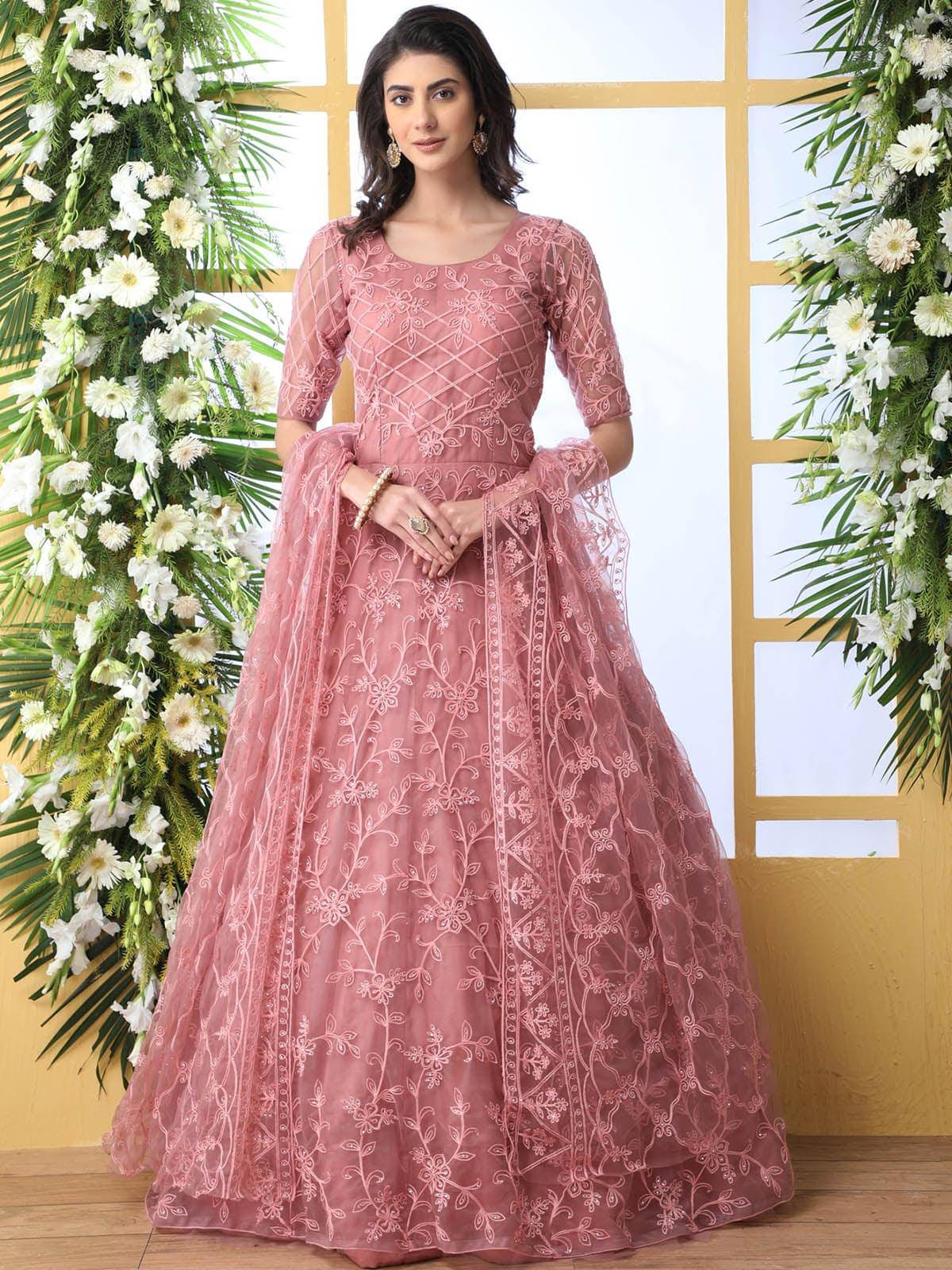     			Aika Peach Flared Net Women's Semi Stitched Ethnic Gown ( Pack of 1 )