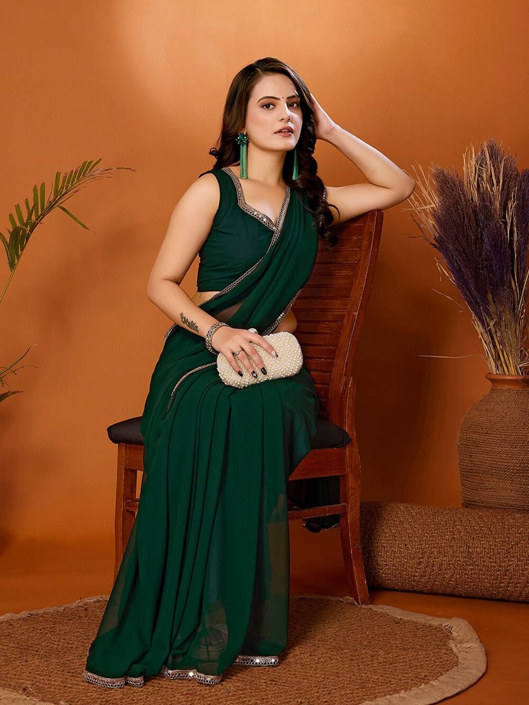 BLEESBURY Georgette Embellished Saree With Unstitched Blouse Piece ( Green ) BLEESBURY Georgette Embellished Saree With Unstitched Blouse Piece ( Green )