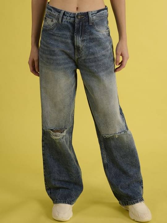     			Bene Kleed Women Classic Relaxed Fit Slash Knee Heavy Fade Pure Cotton Jeans