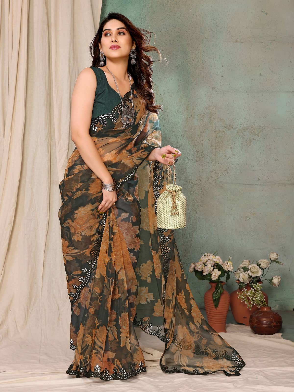 Gazal Fashions Georgette Printed Saree With Unstitched Blouse Piece ( Yellow ) - Sarees | Buy online on ZillyBuy
