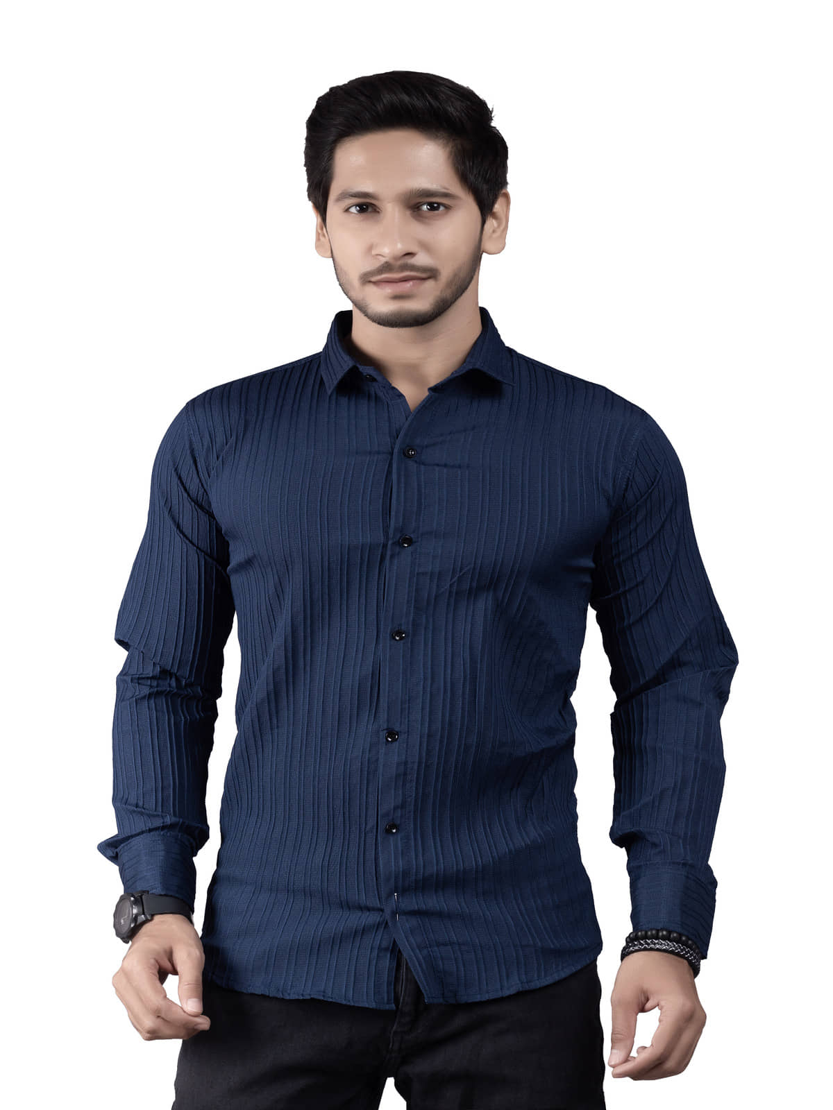 JEEVAAN - THE PERFECT FASHION Cotton Blend Slim Fit Popcorn Textured Full Sleeves Men's Casual Shirt - Navy Blue ( Pack of 1 )