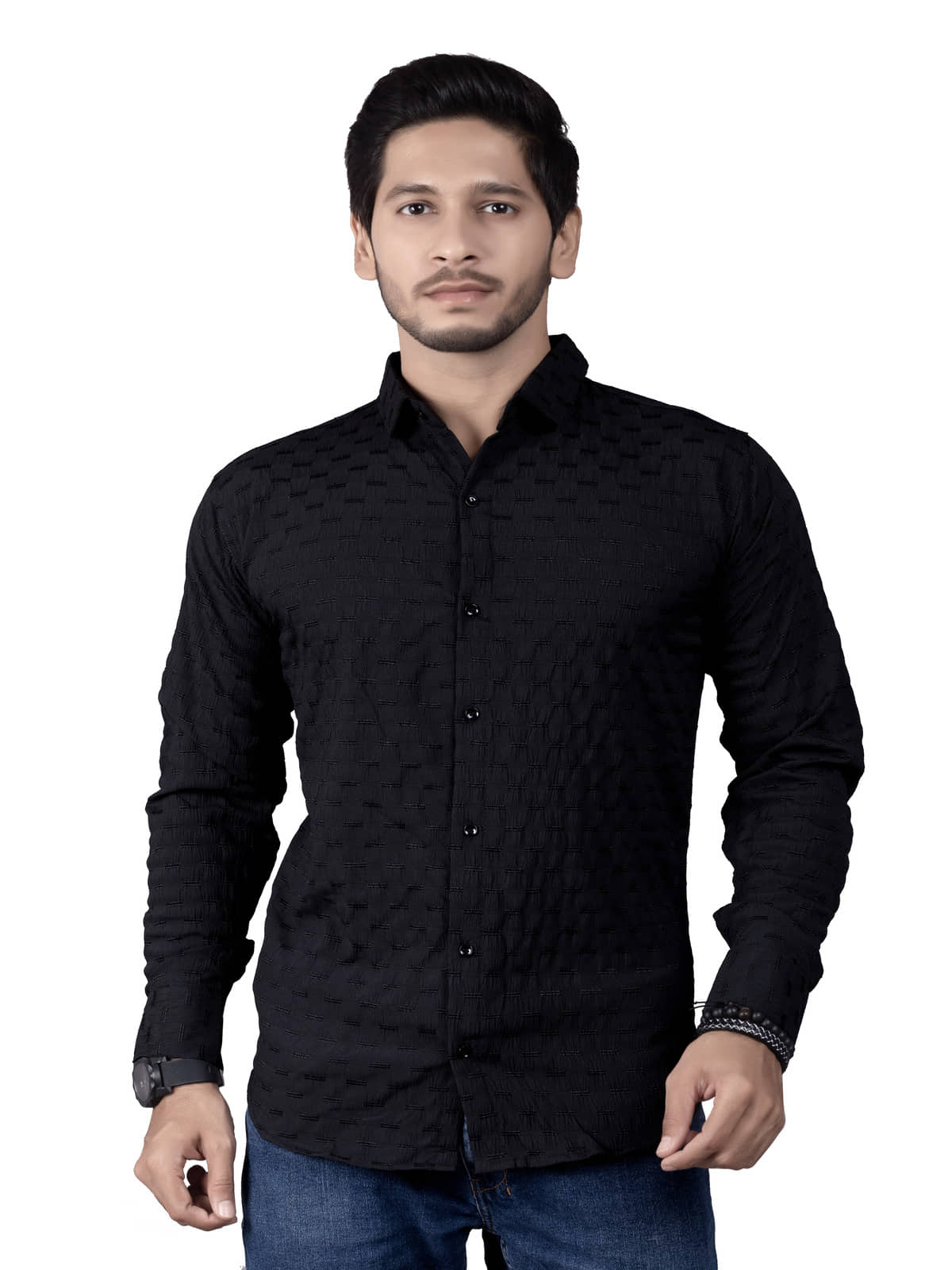 JEEVAAN - THE PERFECT FASHION Cotton Blend Slim Fit Popcorn Textured Full Sleeves Men's Casual Shirt - Black ( Pack of 1 )