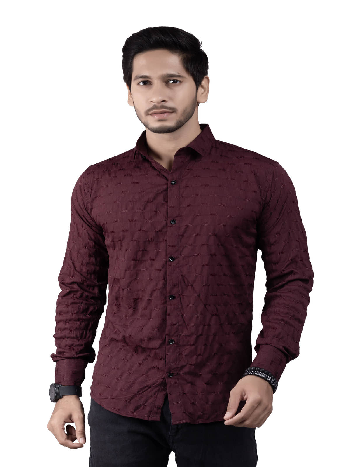JEEVAAN - THE PERFECT FASHION Cotton Blend Slim Fit Popcorn Textured Full Sleeves Men's Casual Shirt - Maroon ( Pack of 1 )