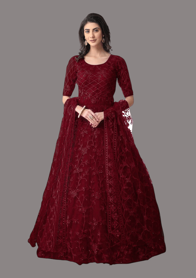 JULEE Maroon Flared Net Women's Semi Stitched Ethnic Gown ( Pack of 1 ) JULEE Maroon Flared Net Women's Semi Stitched Ethnic Gown ( Pack of 1 )