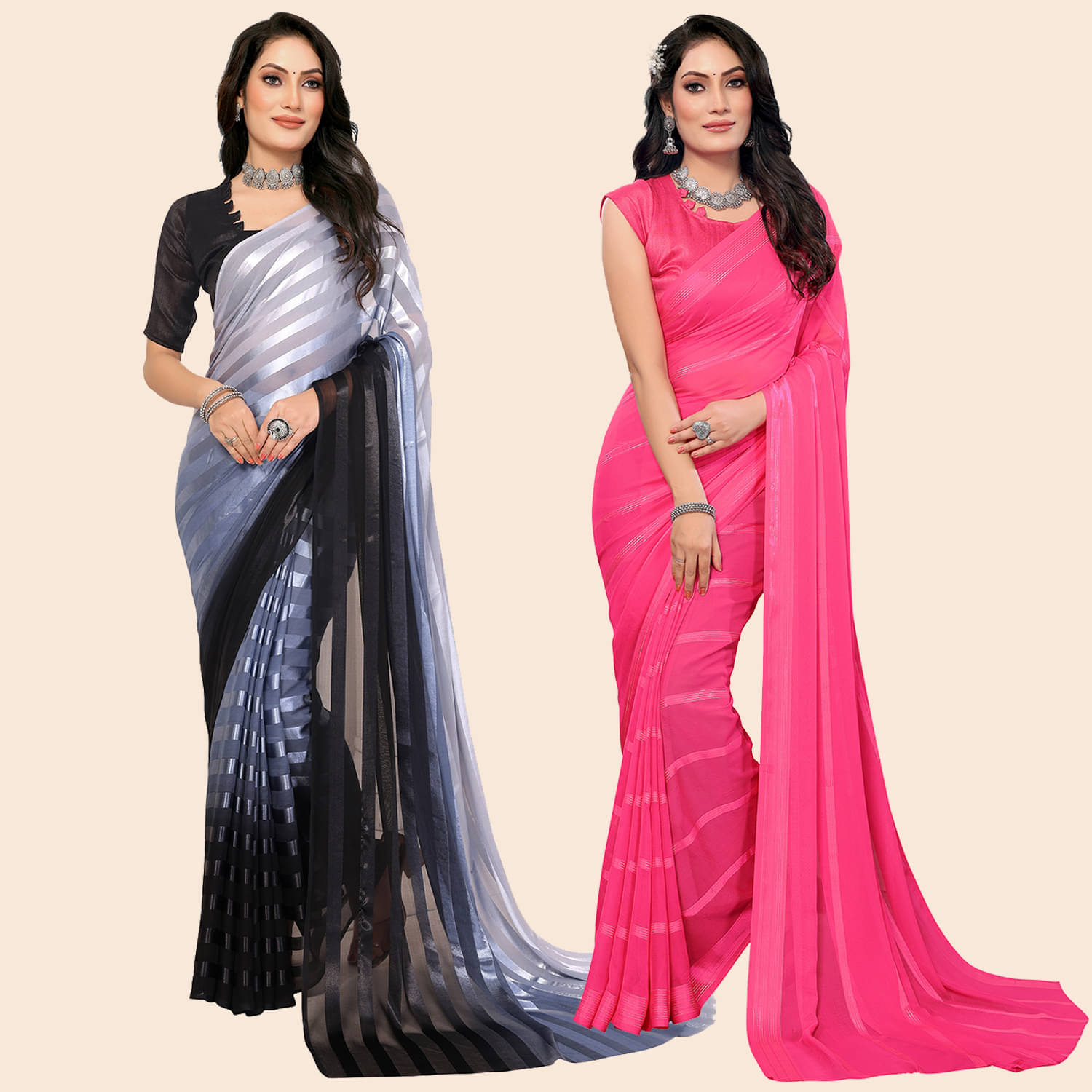     			Kashvi Sarees Satin Striped Saree With Unstitched Blouse Piece ( Multicolor )
