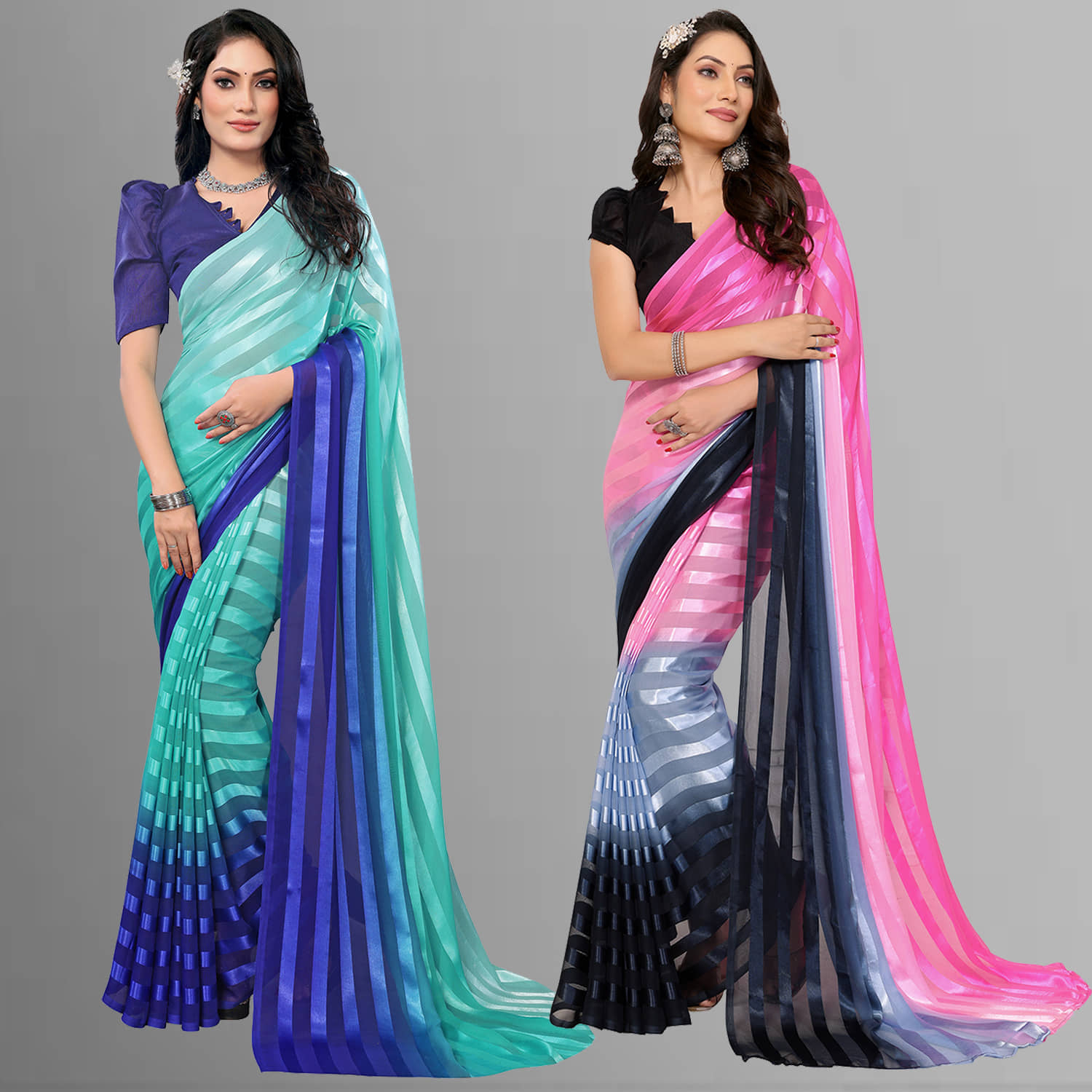 Kashvi Sarees Satin Striped Saree With Unstitched Blouse Piece ( Multicolor ) - Sarees | Buy online on ZillyBuy