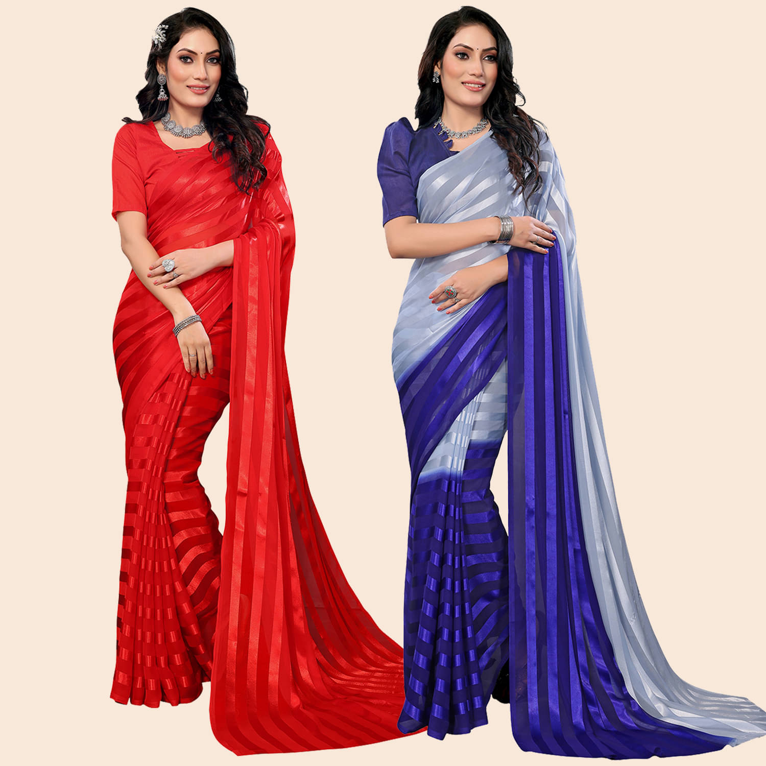 Kashvi Sarees Satin Striped Saree With Unstitched Blouse Piece ( Multicolor ) Kashvi Sarees Satin Striped Saree With Unstitched Blouse Piece ( Multicolor )