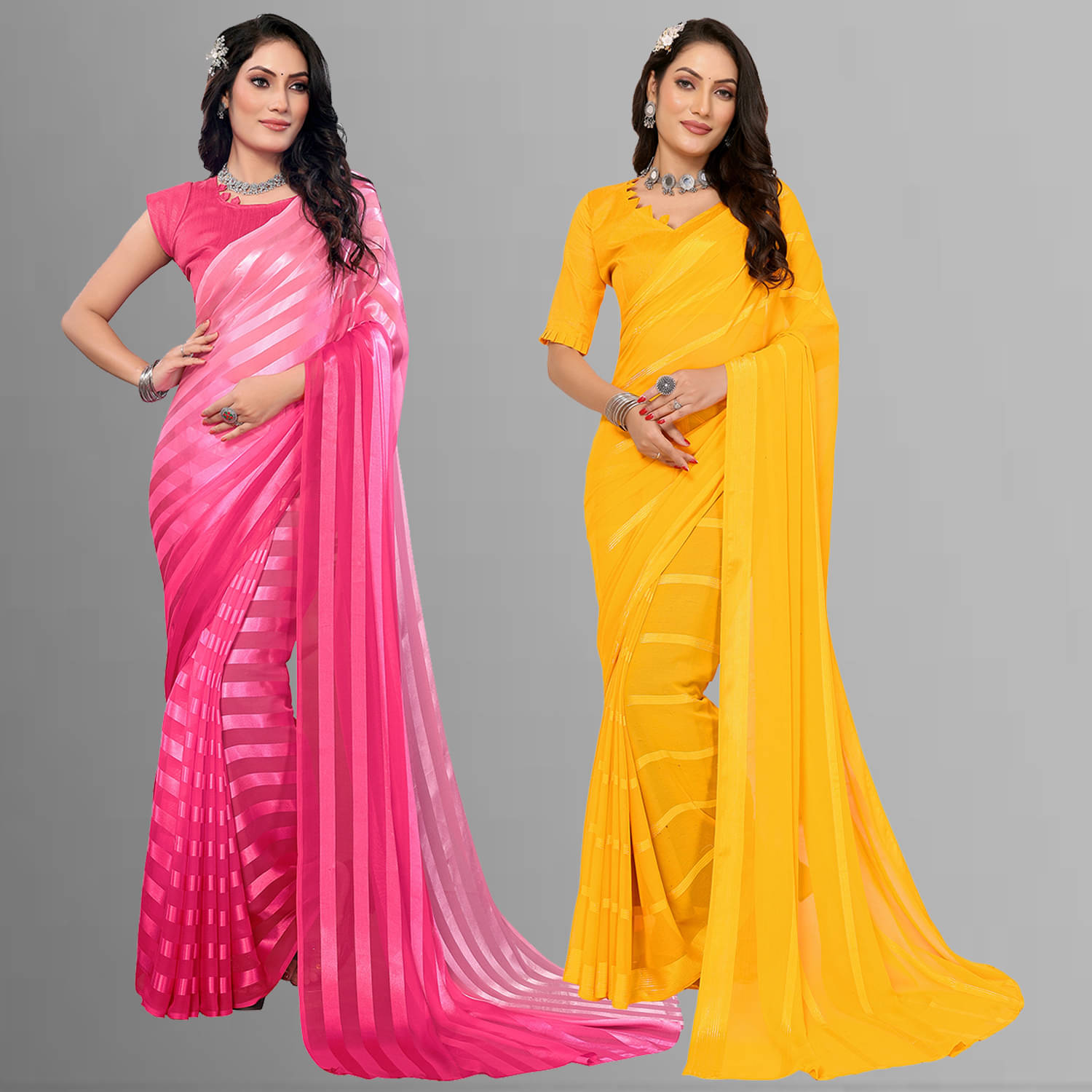 Kashvi Sarees Satin Striped Saree With Unstitched Blouse Piece ( Multicolor ) Kashvi Sarees Satin Striped Saree With Unstitched Blouse Piece ( Multicolor )