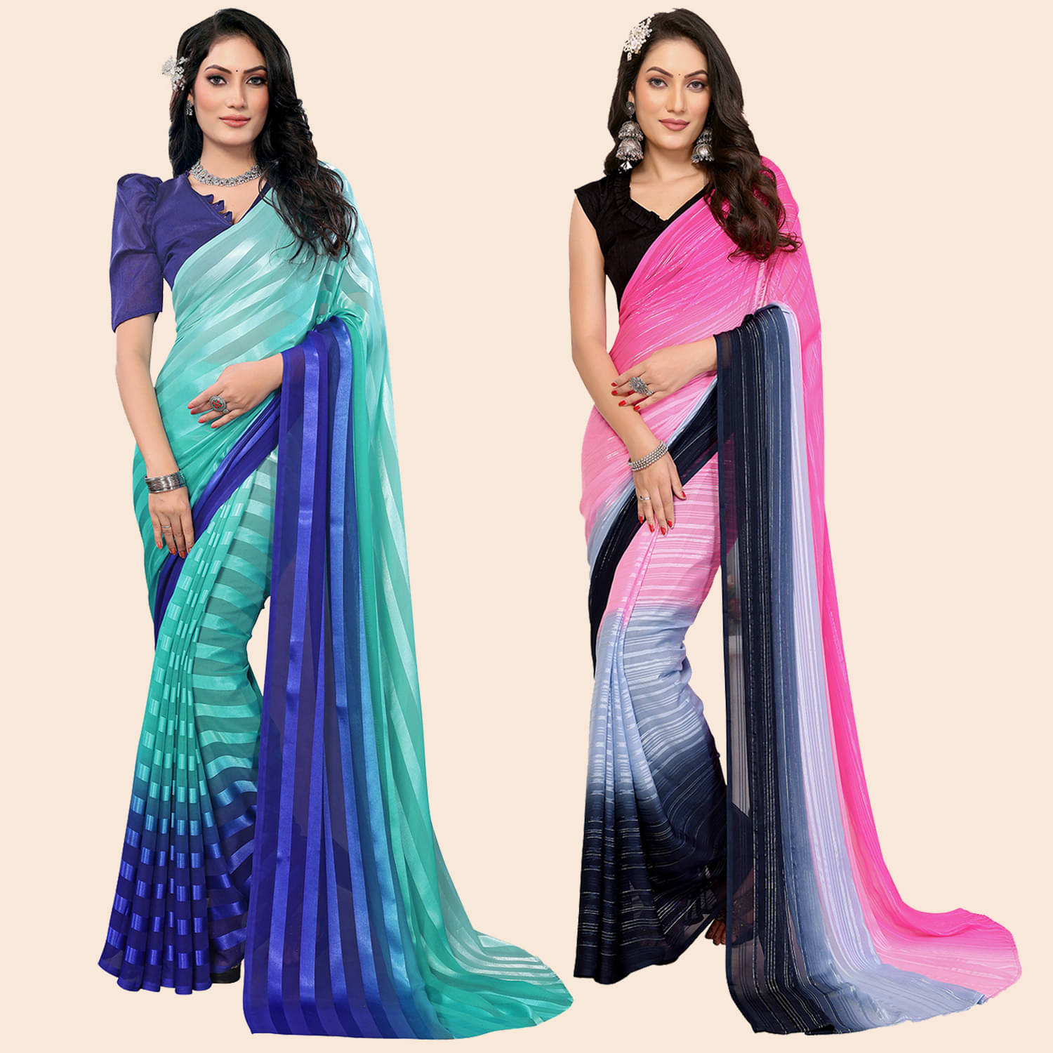     			Kashvi Sarees Satin Striped Saree With Unstitched Blouse Piece ( Multicolor )