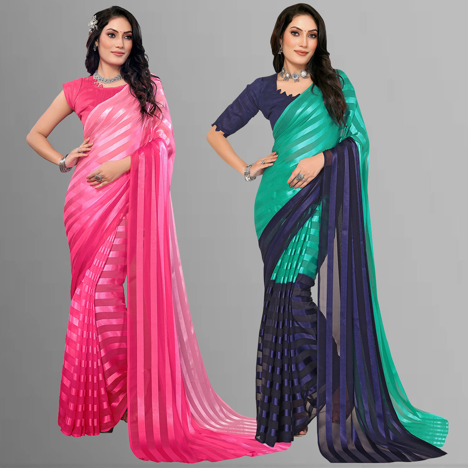     			Kashvi Sarees Satin Striped Saree With Unstitched Blouse Piece ( Multicolor )