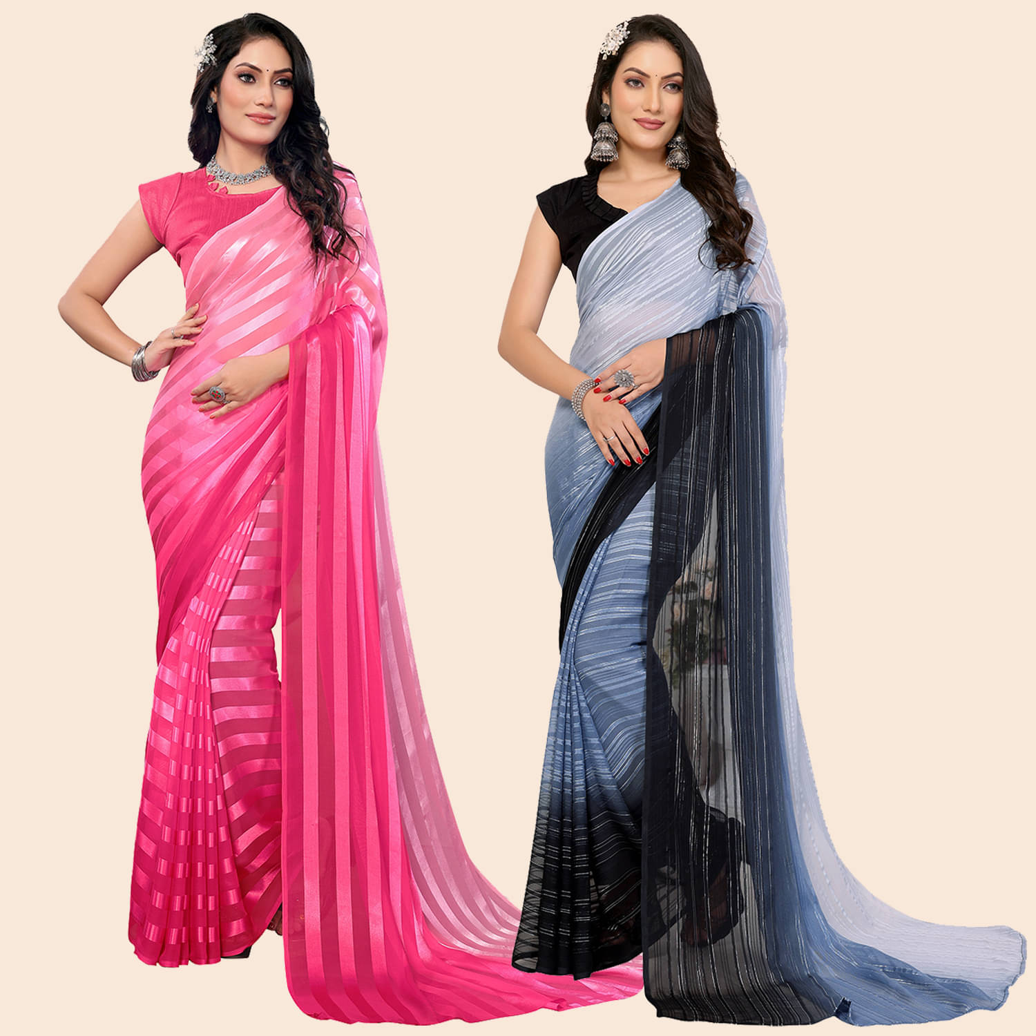     			Kashvi Sarees Satin Striped Saree With Unstitched Blouse Piece ( Multicolor )