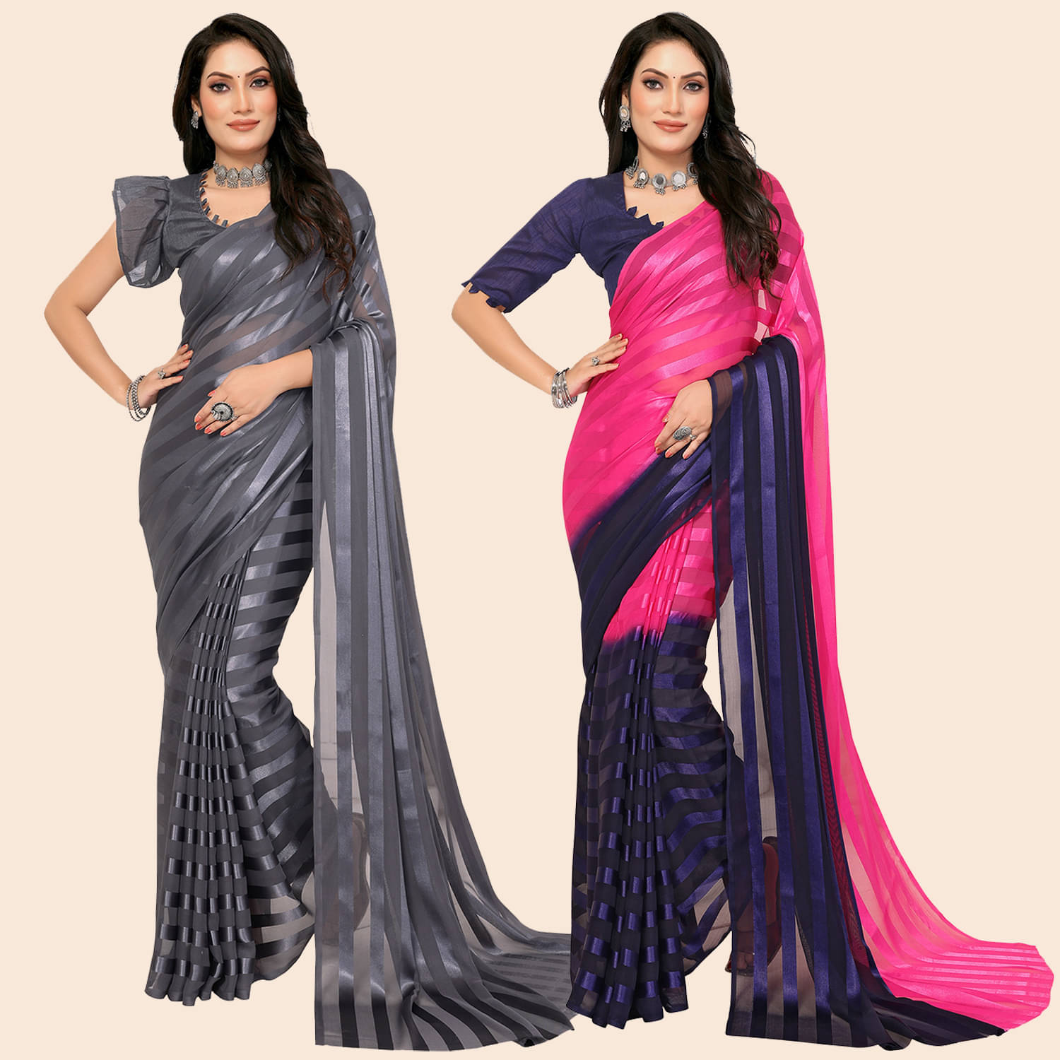 Kashvi Sarees Satin Striped Saree With Unstitched Blouse Piece ( Multicolor )     			Kashvi Sarees Satin Striped Saree With Unstitched Blouse Piece ( Multicolor )