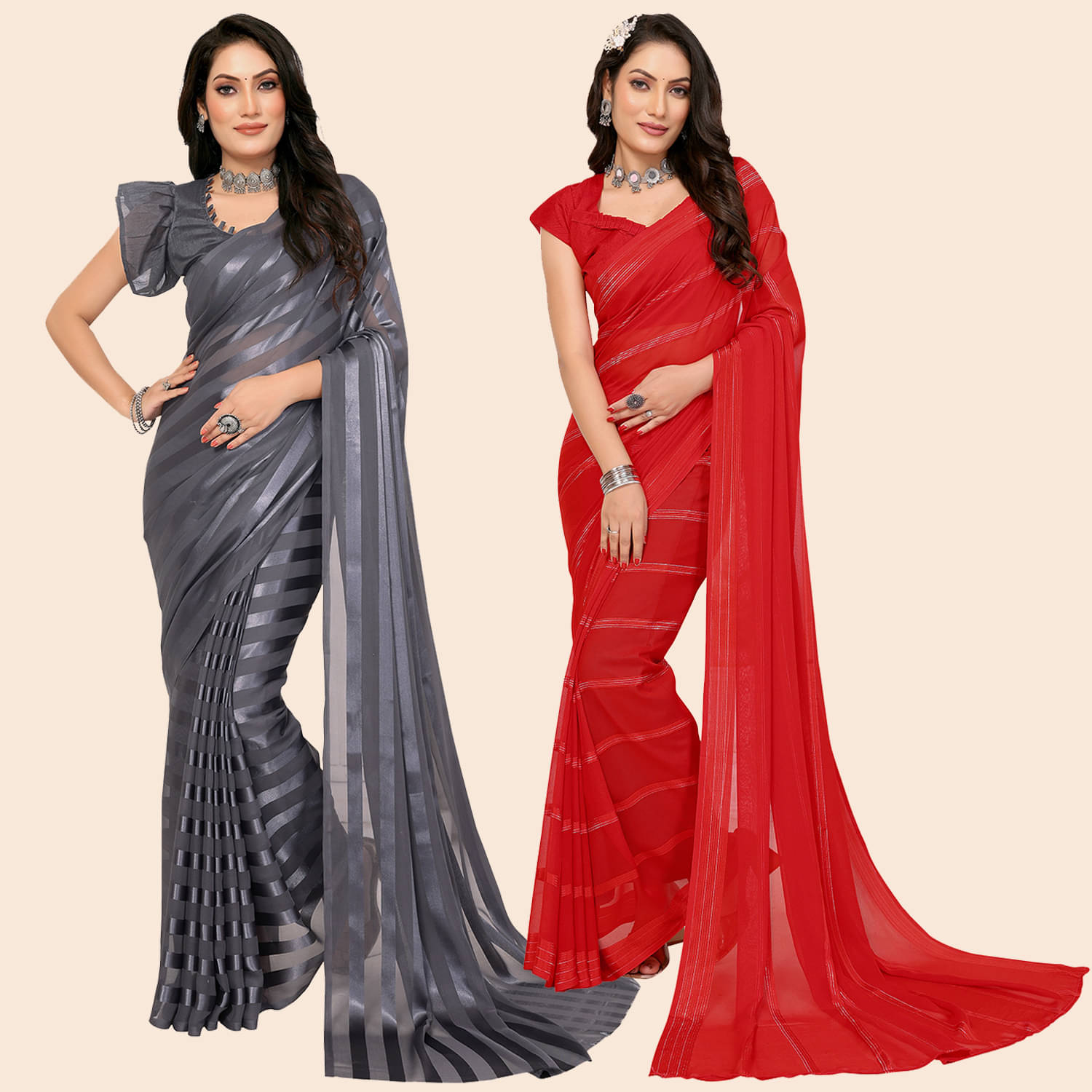    			Kashvi Sarees Satin Striped Saree With Unstitched Blouse Piece ( Multicolor )