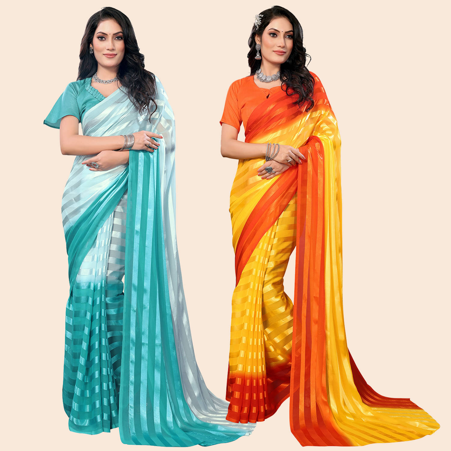 Kashvi Sarees Satin Striped Saree With Unstitched Blouse Piece ( Multicolor )     			Kashvi Sarees Satin Striped Saree With Unstitched Blouse Piece ( Multicolor )