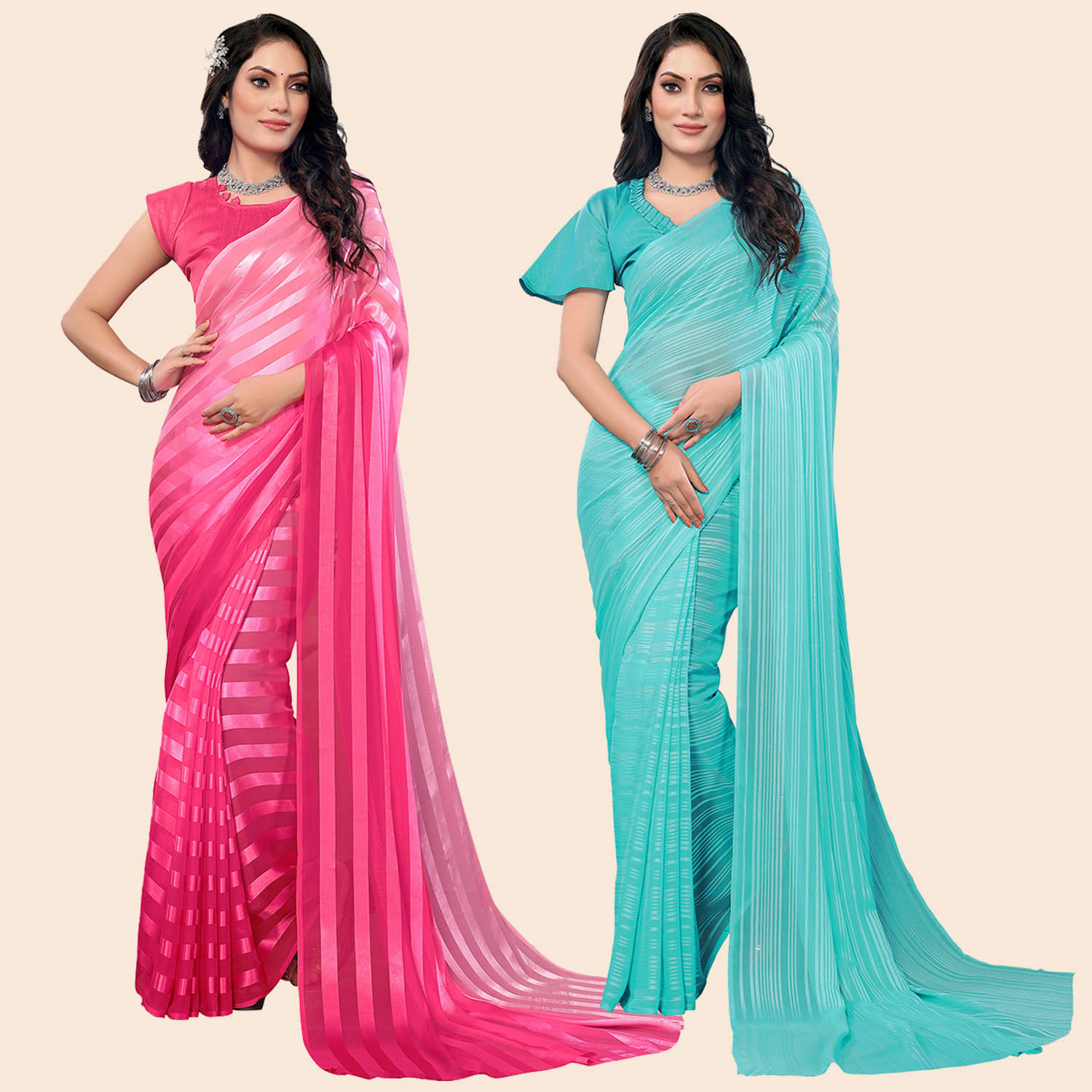     			Kashvi Sarees Satin Striped Saree With Unstitched Blouse Piece ( Multicolor )