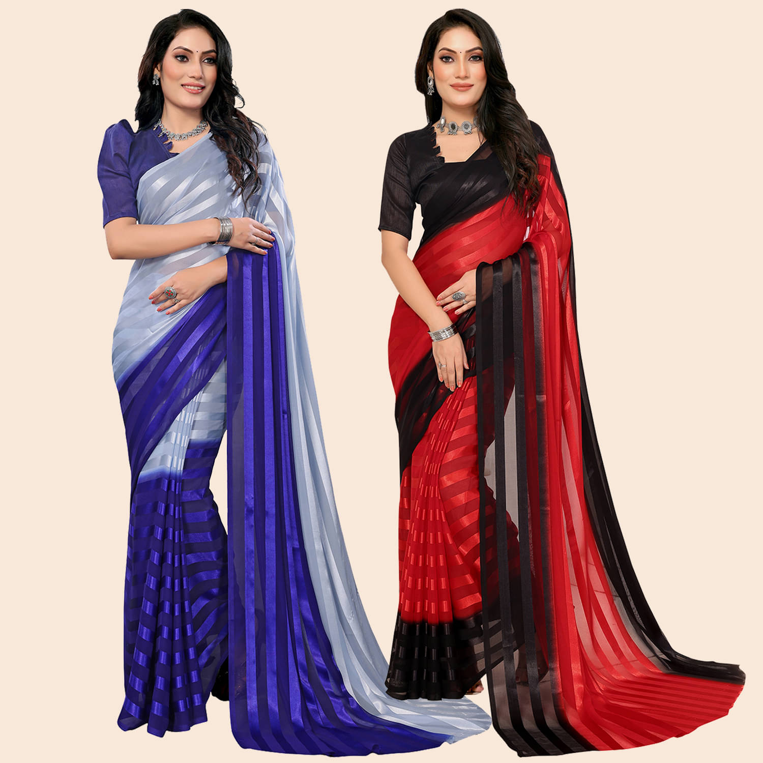     			Kashvi Sarees Satin Striped Saree With Unstitched Blouse Piece ( Multicolor )