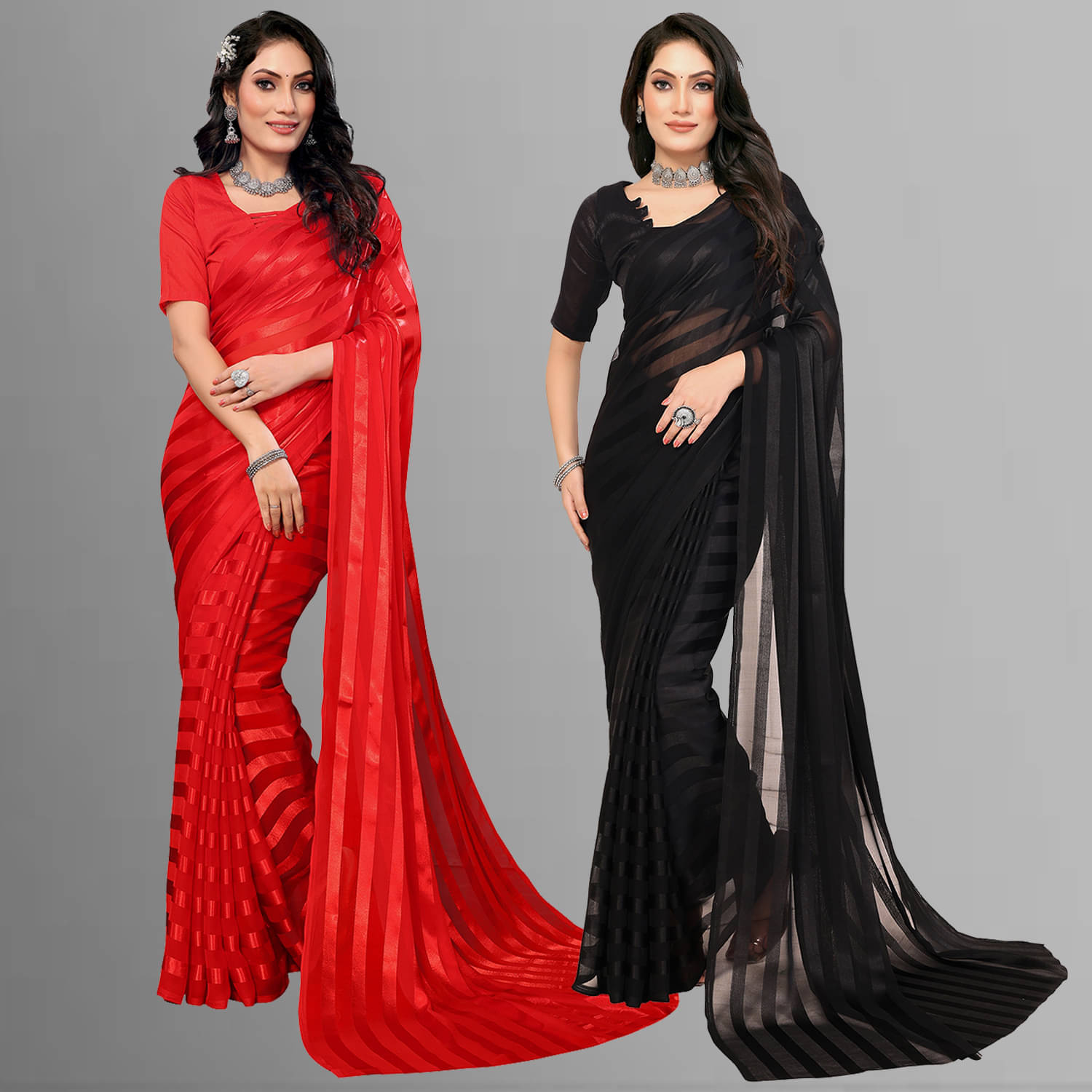     			Kashvi Sarees Satin Striped Saree With Unstitched Blouse Piece ( Multicolor )