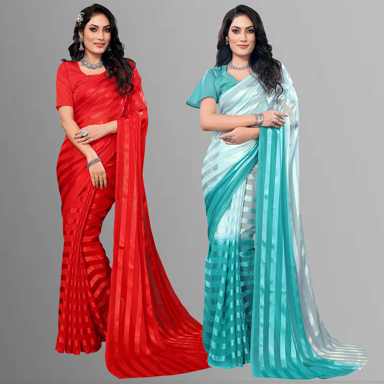     			Kashvi Sarees Satin Striped Saree With Unstitched Blouse Piece ( Multicolor )