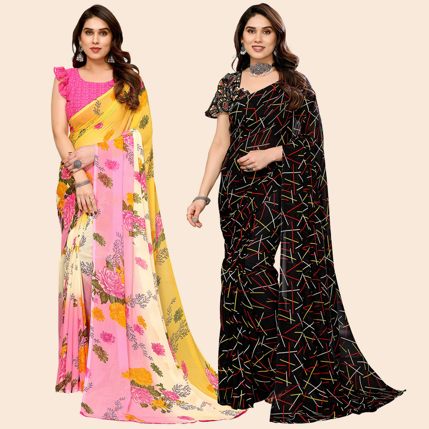     			Kashvi Sarees Georgette Printed Saree With Unstitched Blouse Piece ( Multicolor )